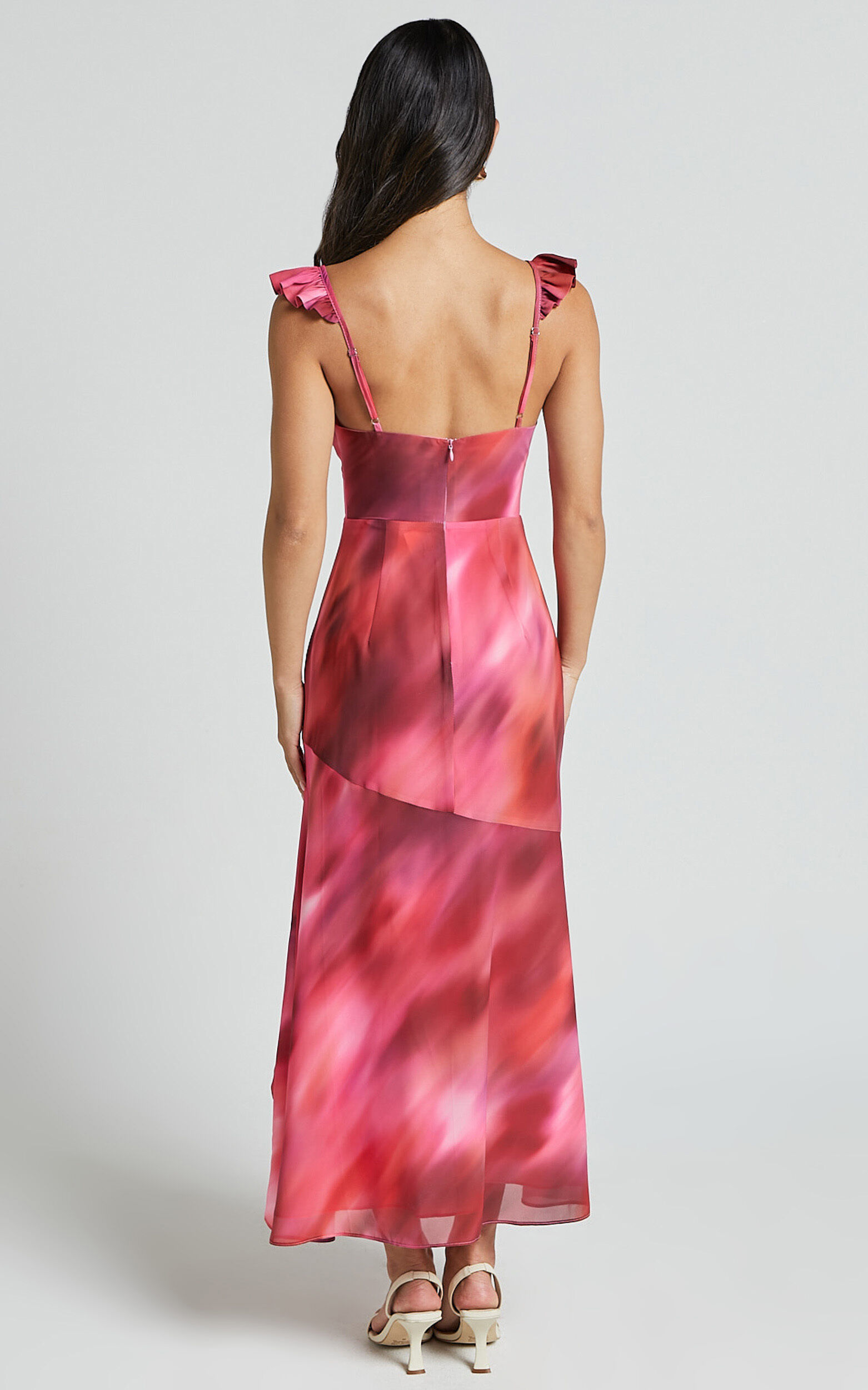 Gillian Midi Dress - Flutter Sleeve Low Back Ruffle Detail Dress in Blushing Haze