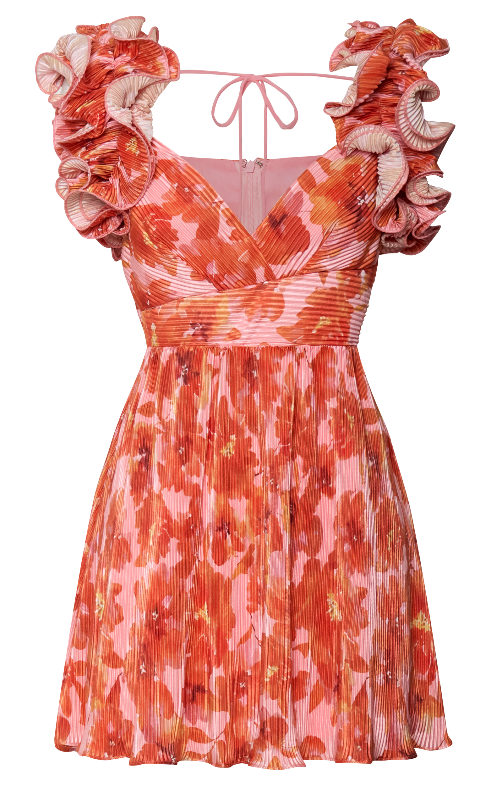 Carol Mini Dress - Pleated Fabric With Ruffle Trims Dress in Orange Floral Print