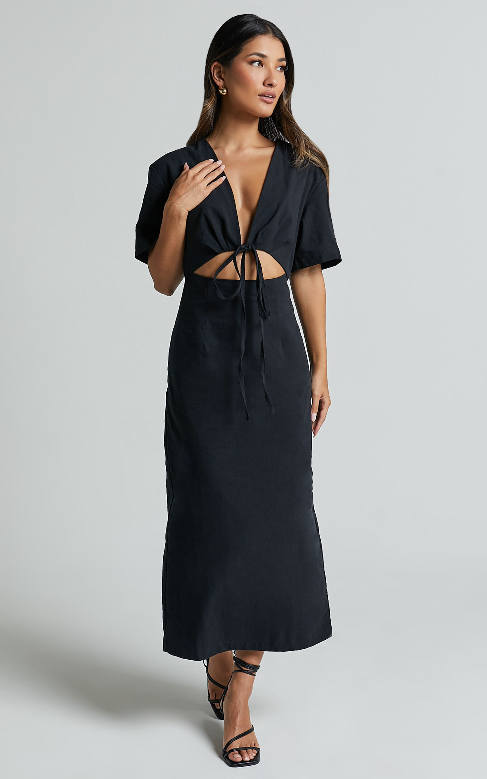 Sharon Midi Dress - Plunge Neck Short Sleeve Front Cut Out Dress in Black