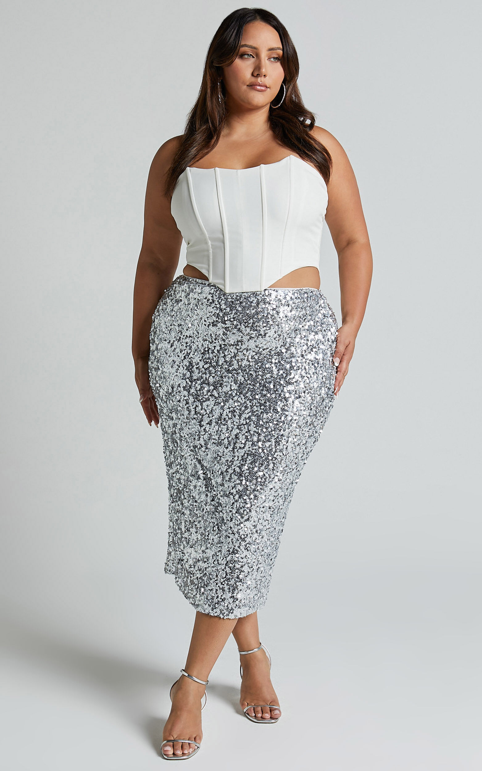 Hasley Midi Skirt - Sequin Bodycon Skirt in Silver
