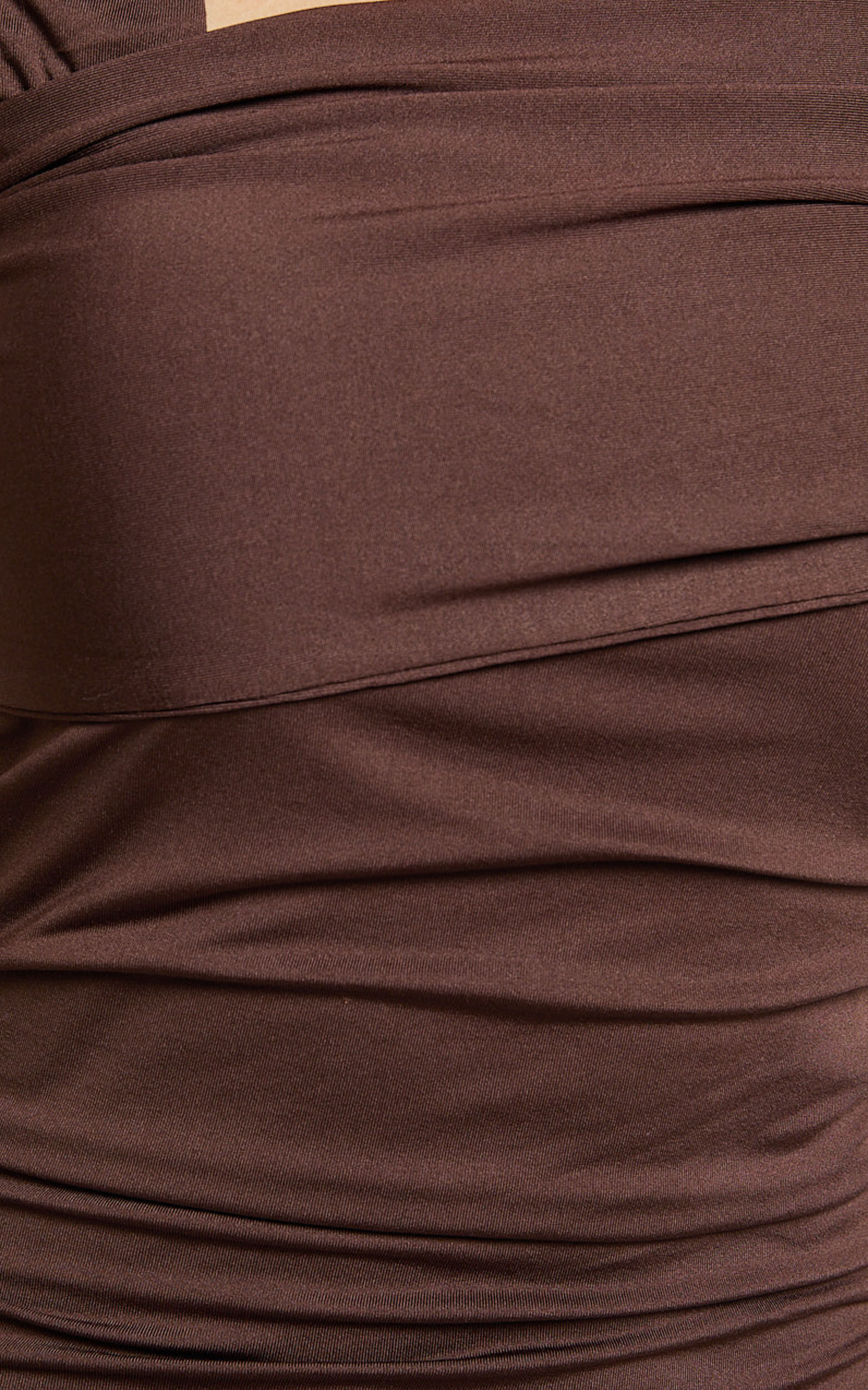 Meadow Mini Dress - Asymmetrical Off Shoulder Jersey Ruched Dress in Chocolate