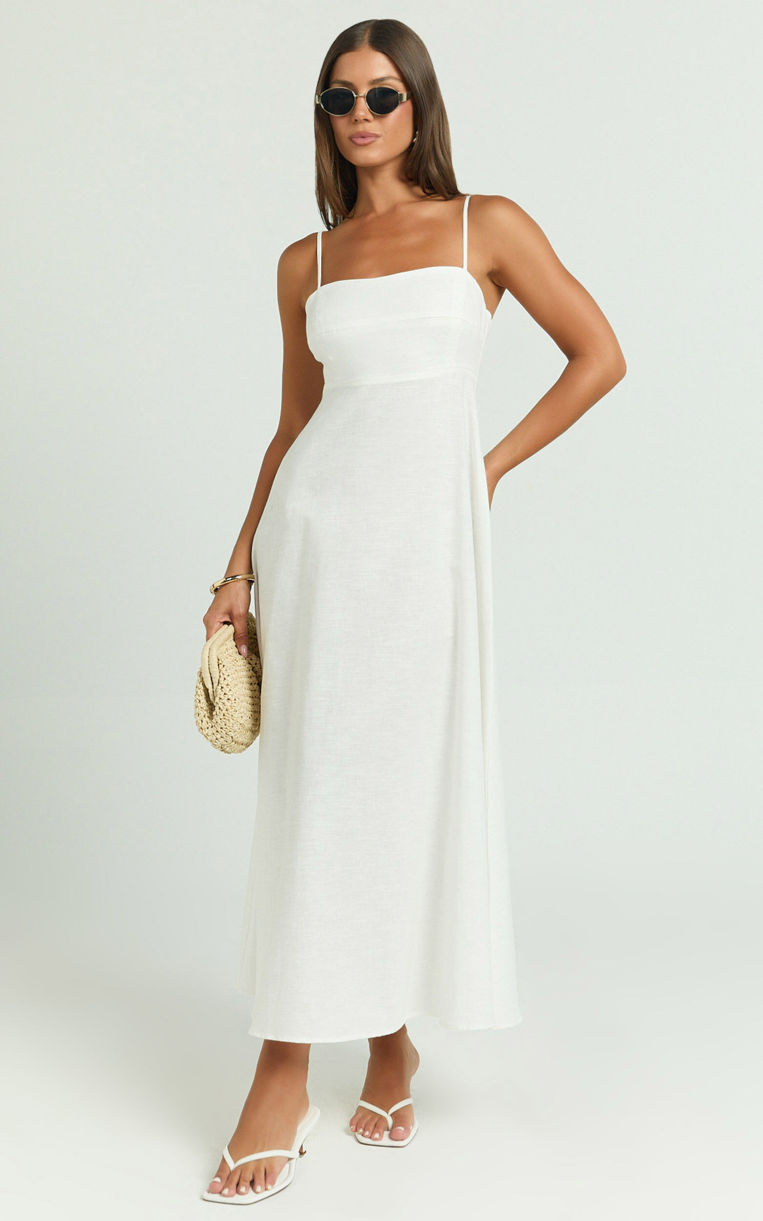 Brette Midi Dress - Linen Straight Neck Strappy Fit And Flare Dress in White