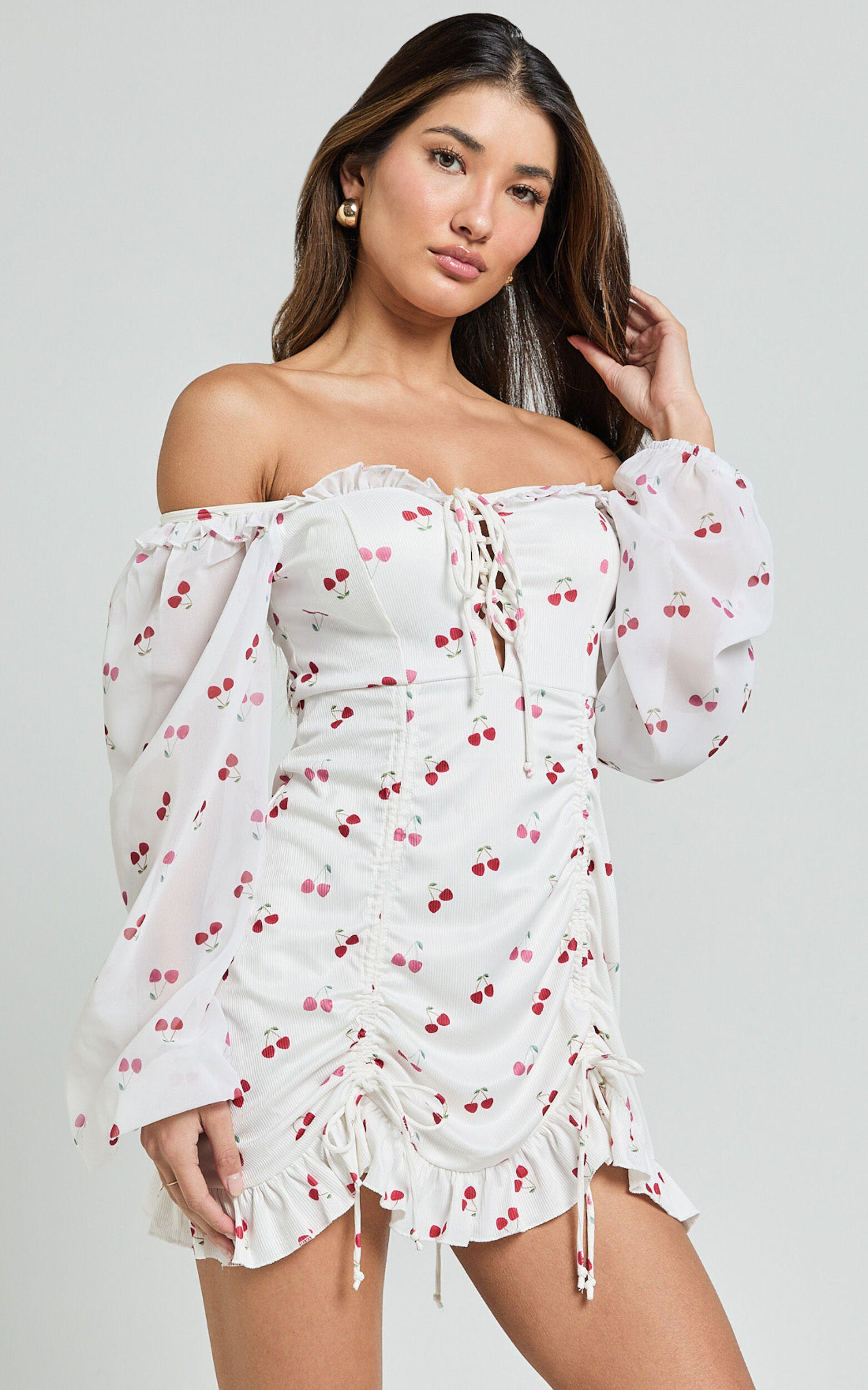 Francia Mini Dress - Long Sleeve Gathered Frill Hem Detail Dress in Cherry Print