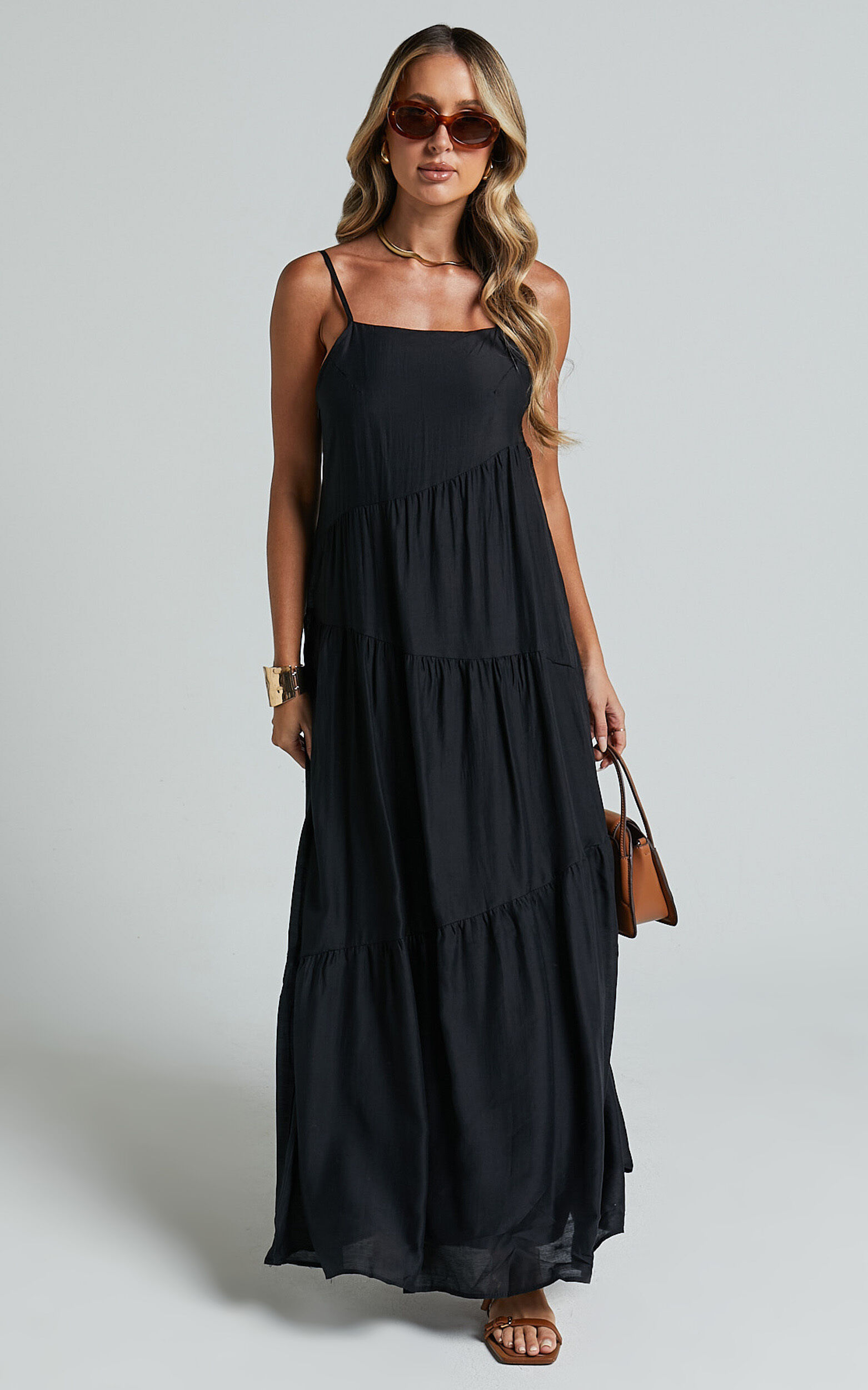 Cecila Midi Dress - Straight Neckline Sleeveless Dress in Black