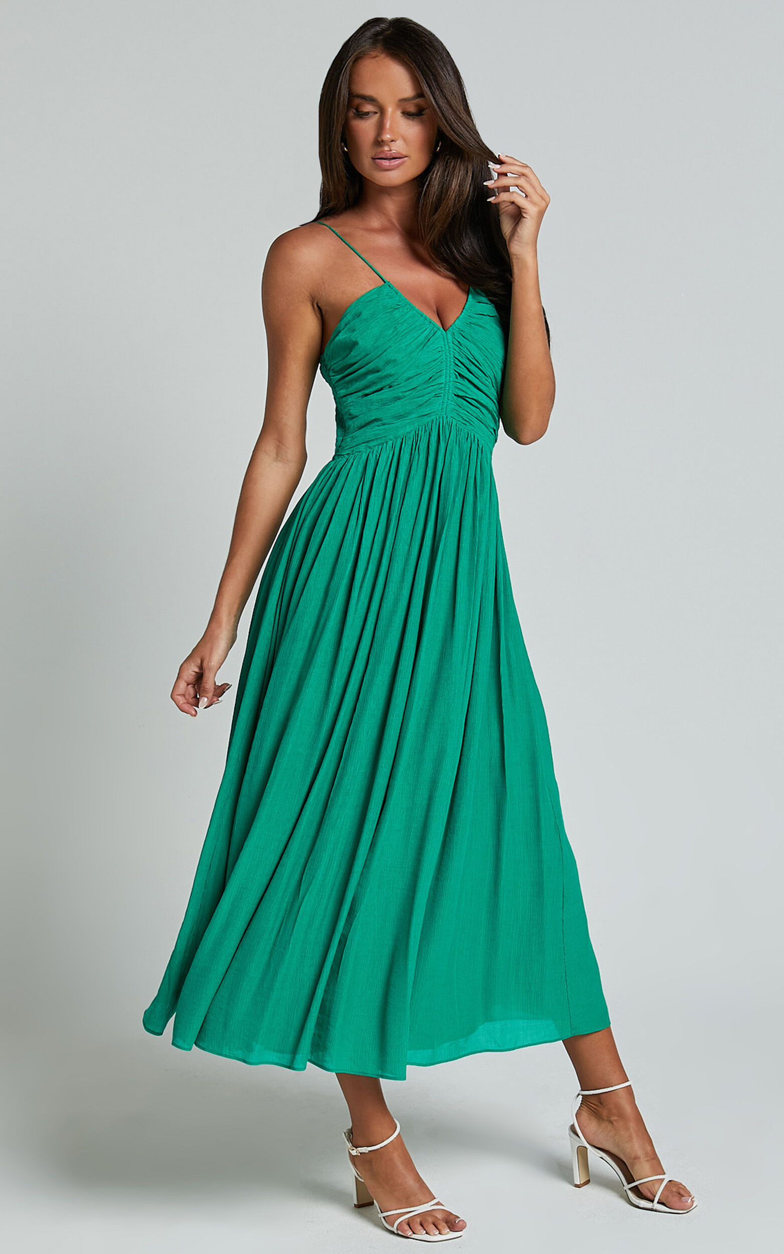 Roza Midi Dress - Ruched Bodice Dress in Emerald
