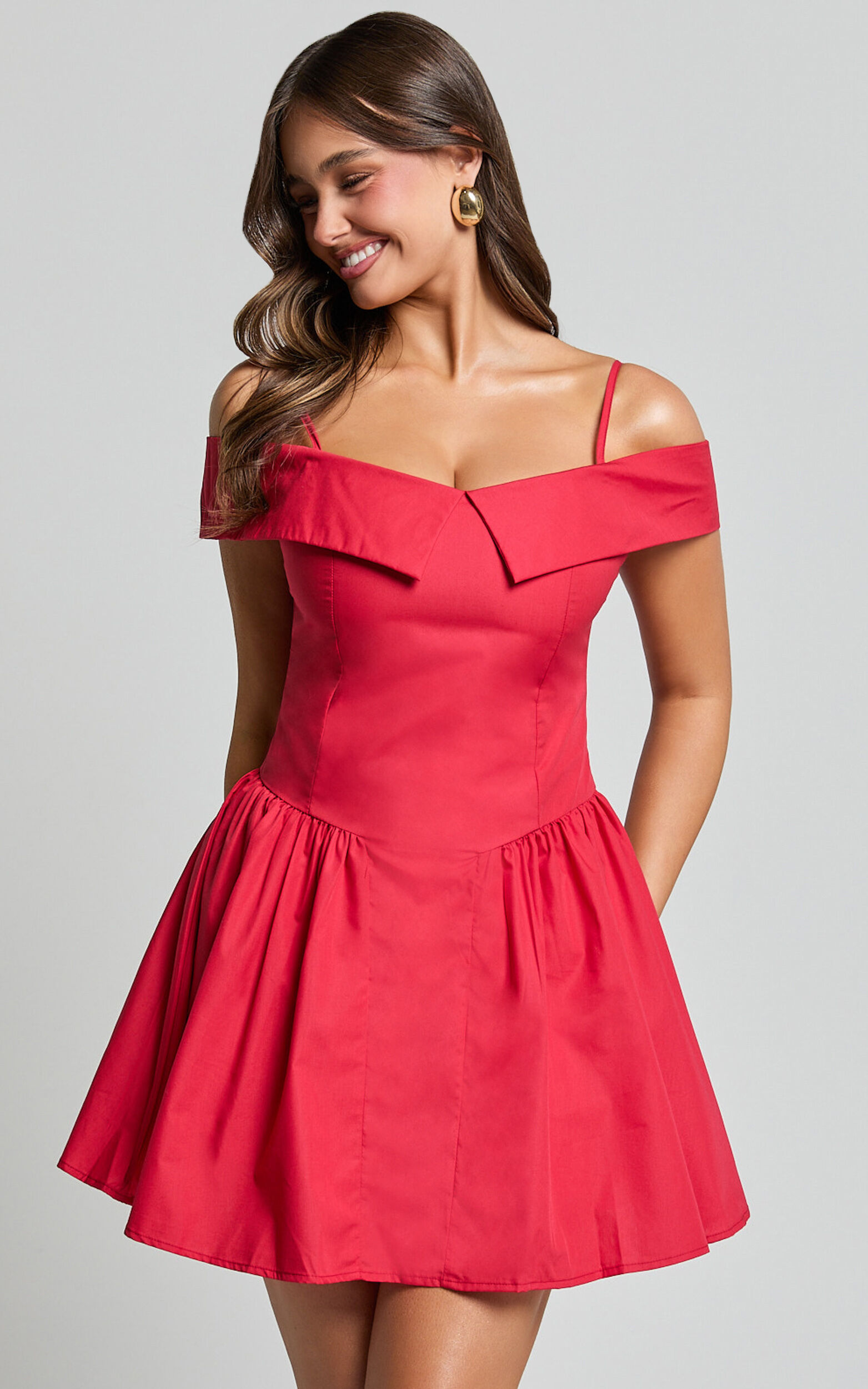 Bea Mini Dress - Off the Shoulder Fit and Flare Dress in Red