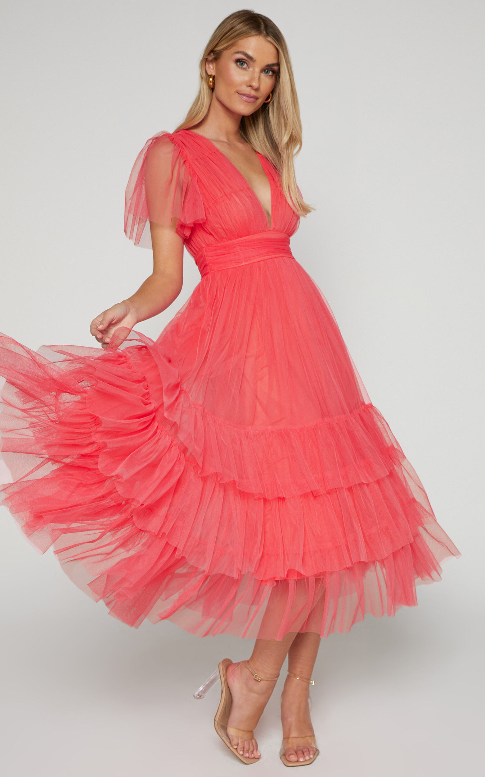 Jiraye Midi Dress - Flutter Sleeve Tuelle Plunge Dress in Coral