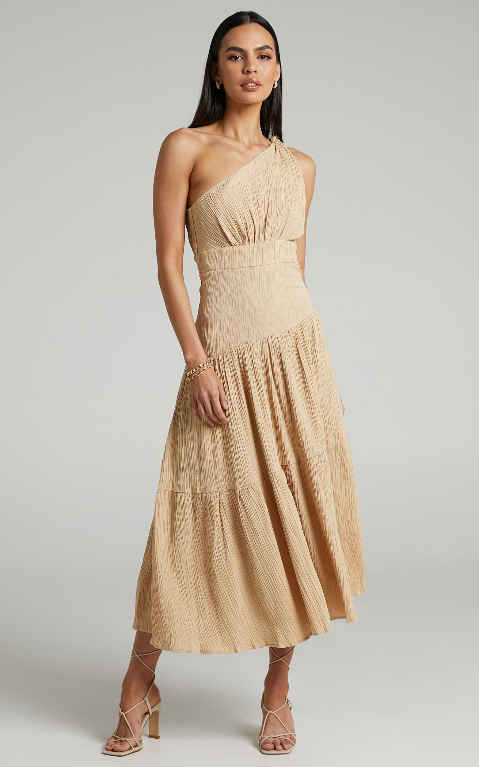 Celestia Midi Dress - Tiered One Shoulder Dress in Sand