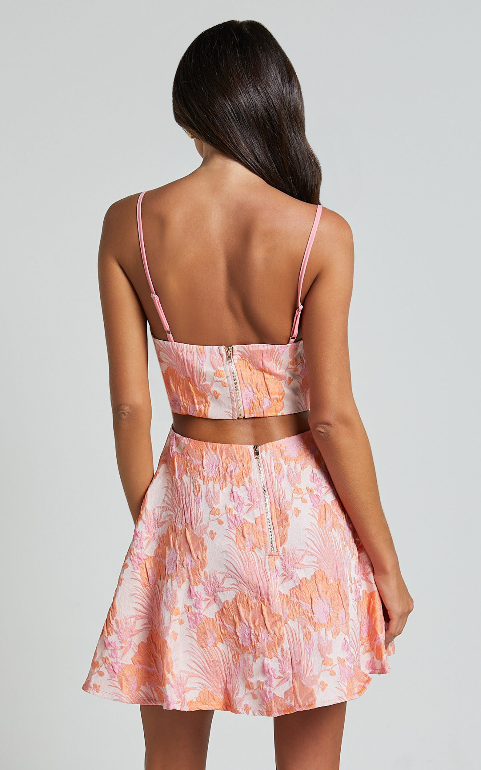 Lauraine Mini Dress - Strappy Straight Neck Back Cut Out Dress in Pink and Orange Floral