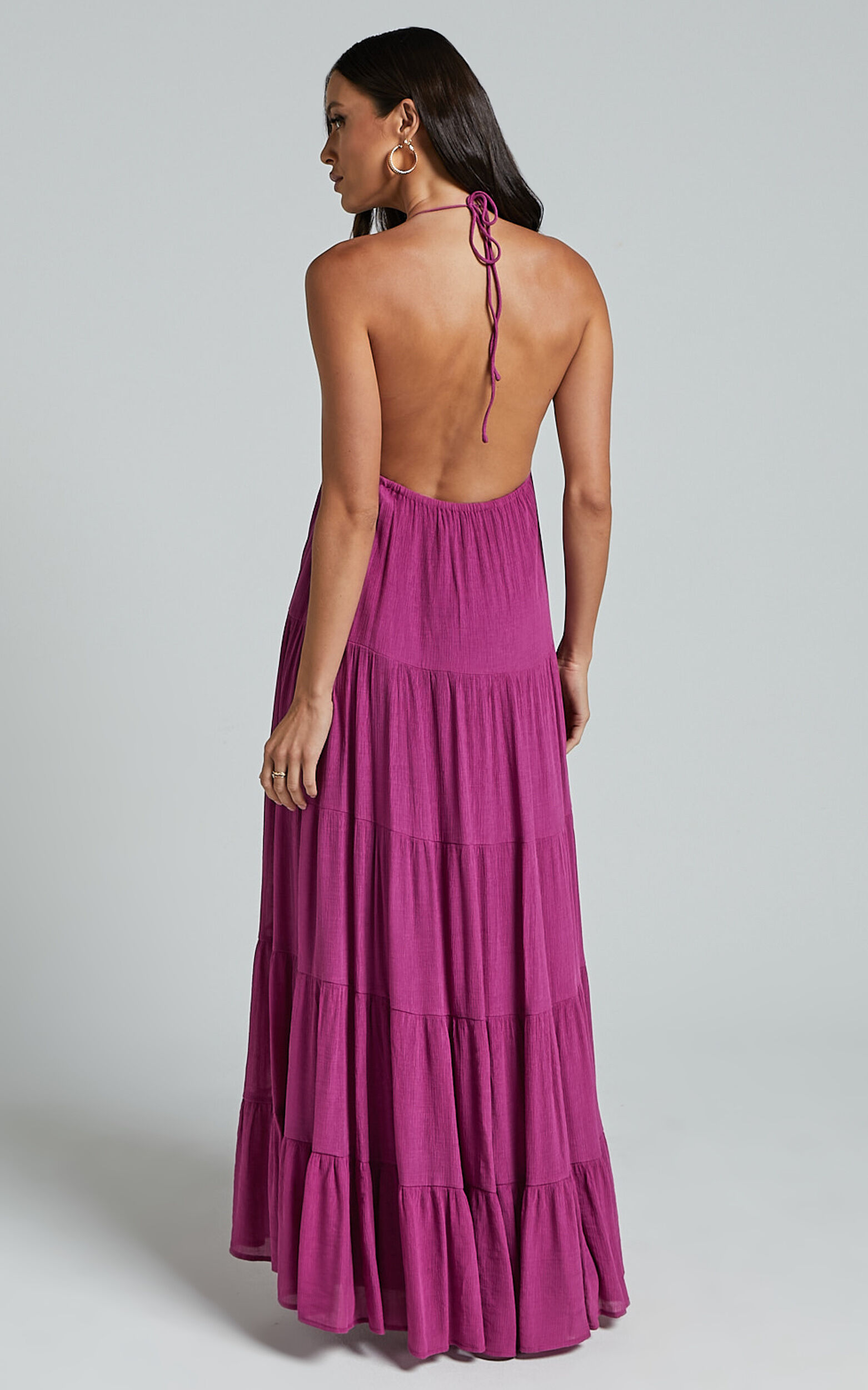 Claudia Maxi Dress - Halter Neck Low Back Empire Waist Tiered Dress in Magenta