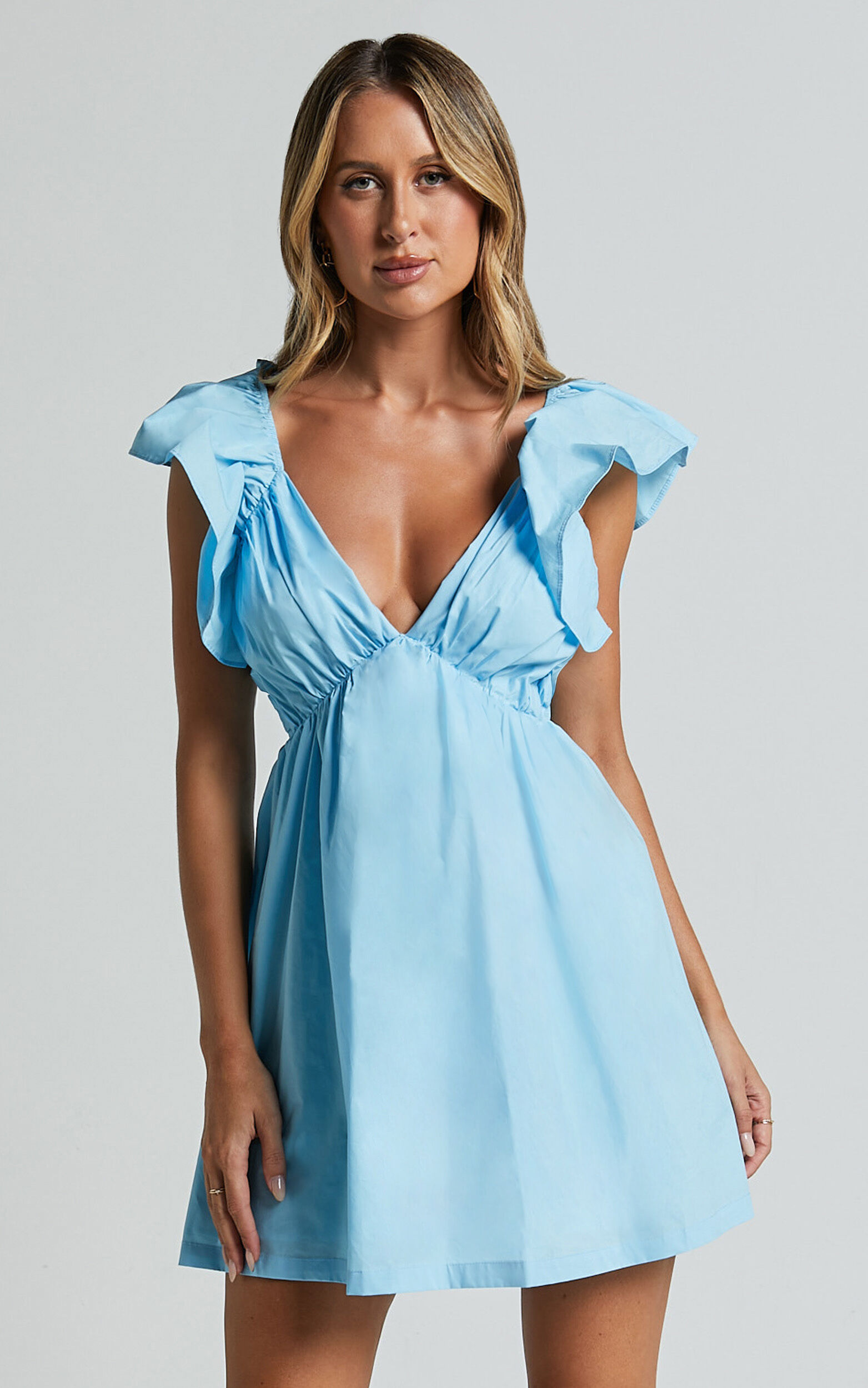 Raiza Mini Dress - Ruffle Sleeve Tie Back Plunge Dress in Bright Blue