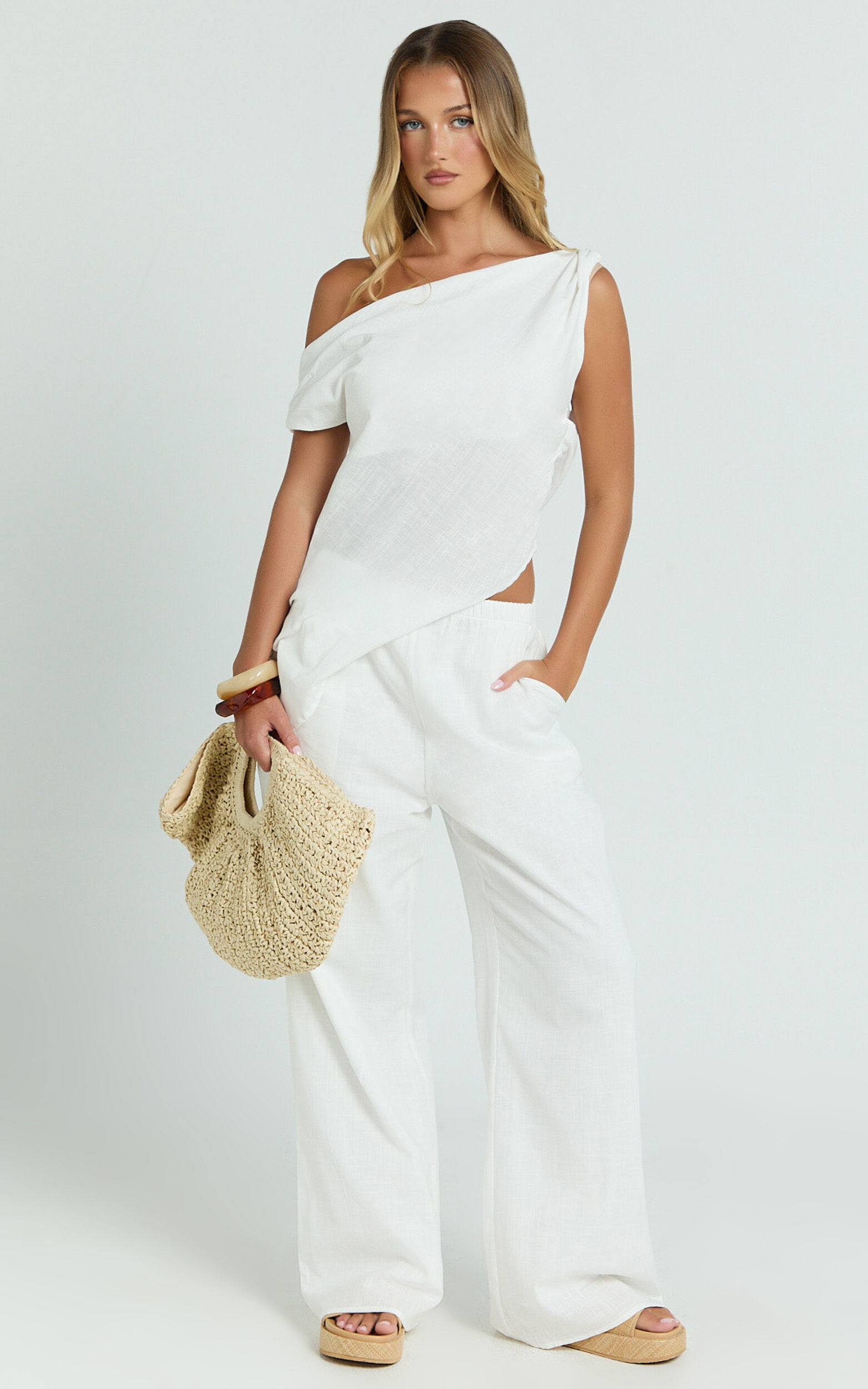 Annalie Two Piece Set - Off Shoulder Linen Set in White