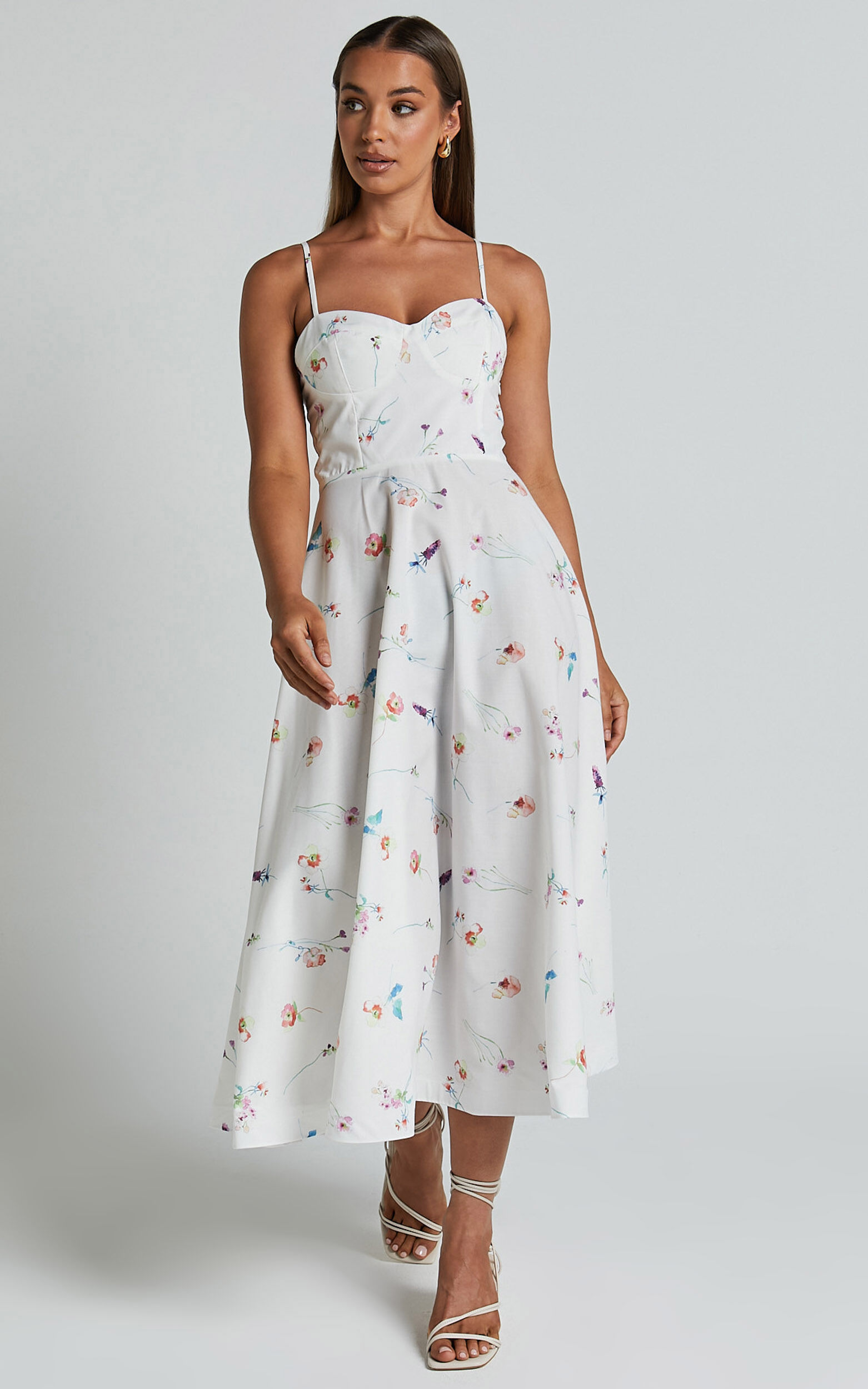 Robertson Midi Dress - Strappy Sweetheart Bustier Flare Dress in Painterly Wild Flower