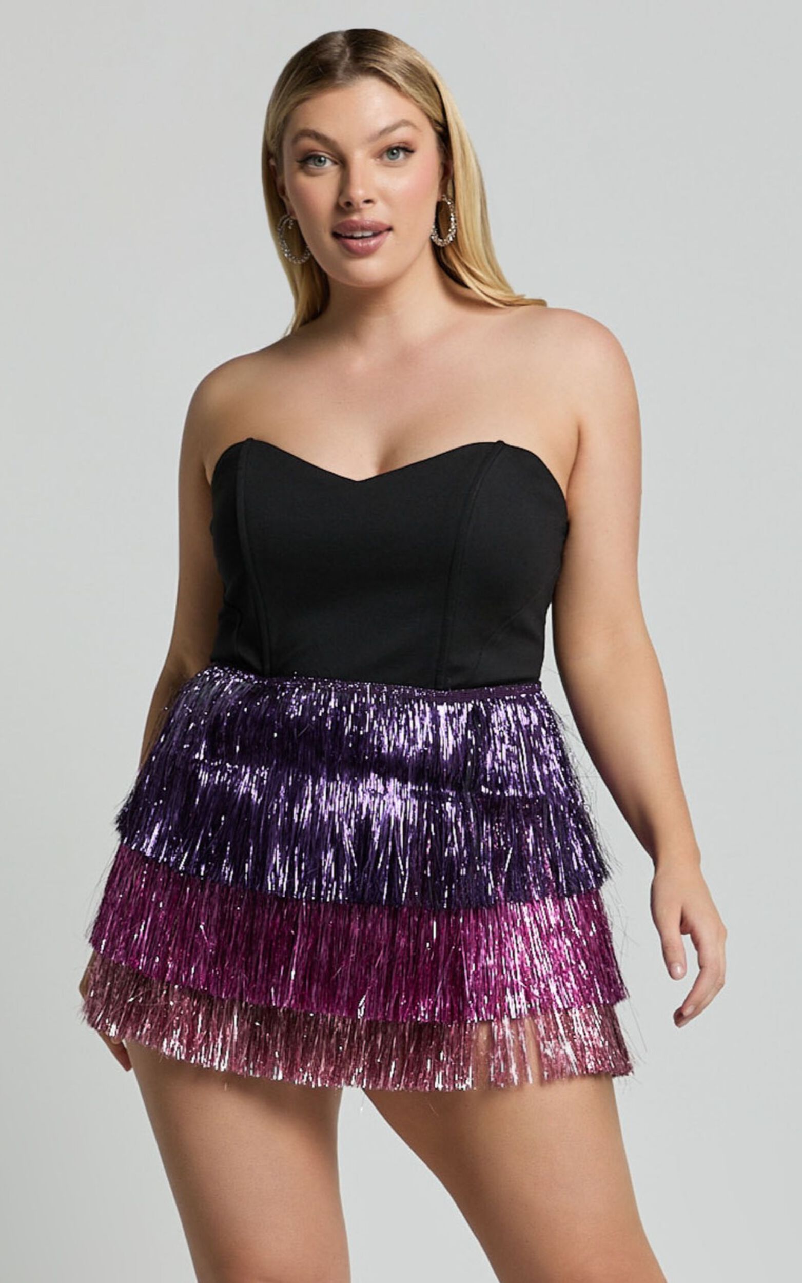 Flossie Mini Dress - Sweetheart Fringe Layered Dress in Black