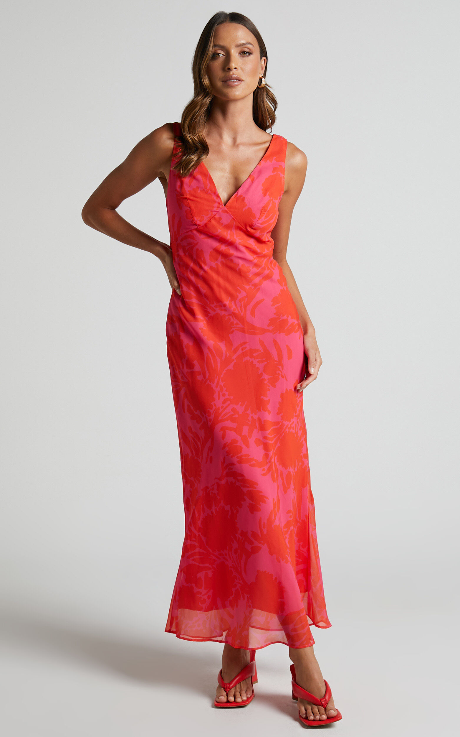 Jodie Midi Dress - V Neck Slip Dress in Pink Floral