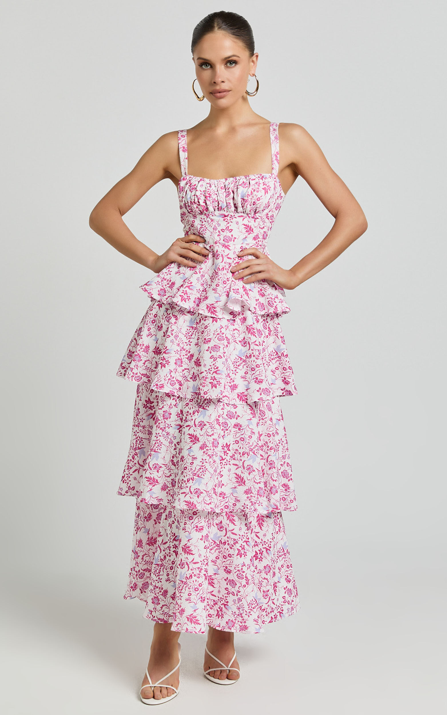 Lorma Midi Dress - Ruched Layered Dress in Pink Floral
