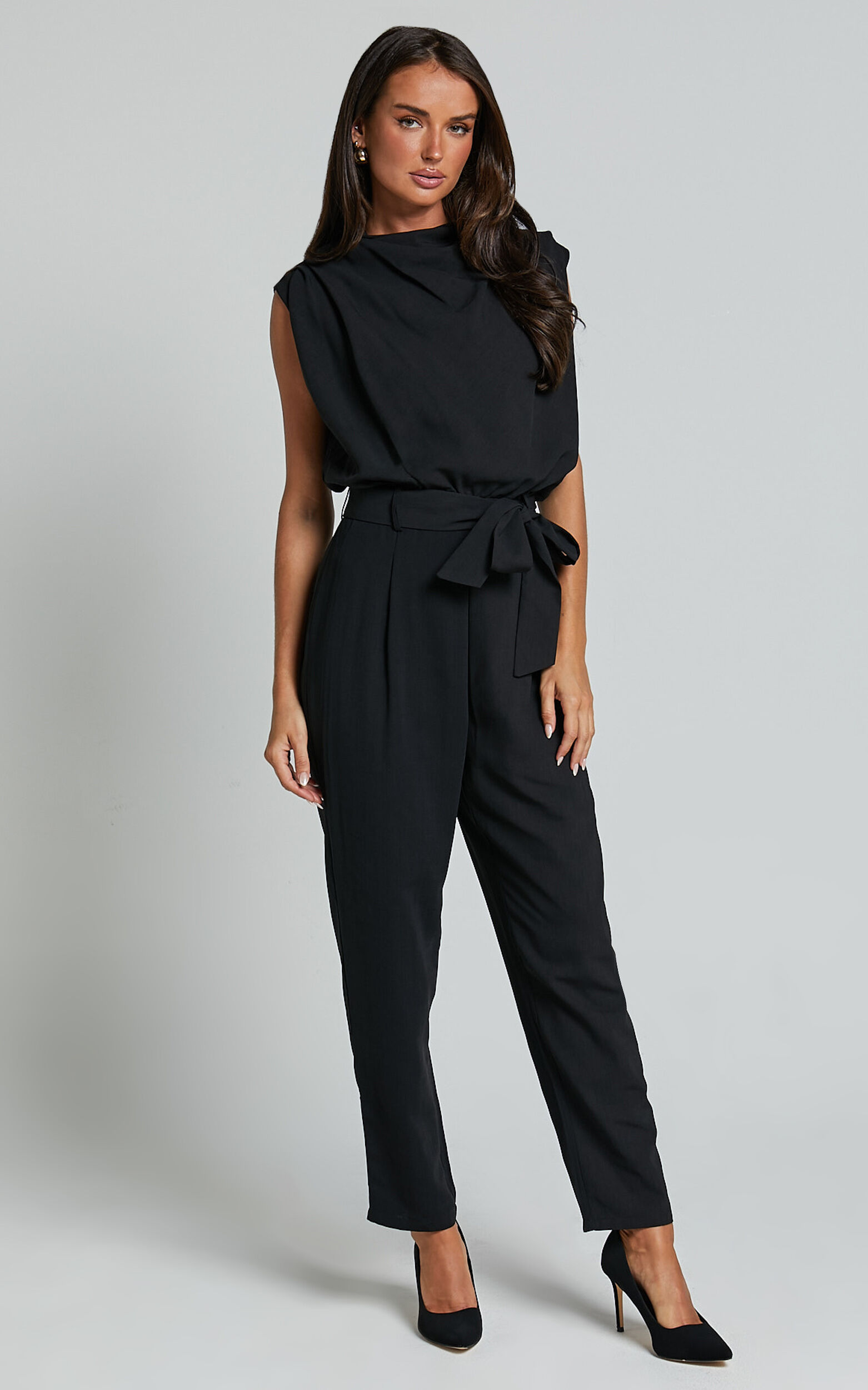 Arianae Jumpsuit - High Neck Tie Waist Jumpsuit in Black