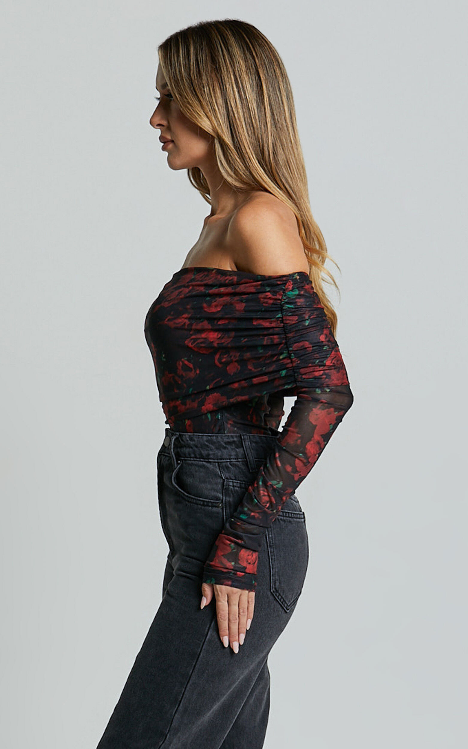 Jaythen Bodysuit - Long Sleeve Off Shoulder Ruched Mesh Bodysuit in Red Rose