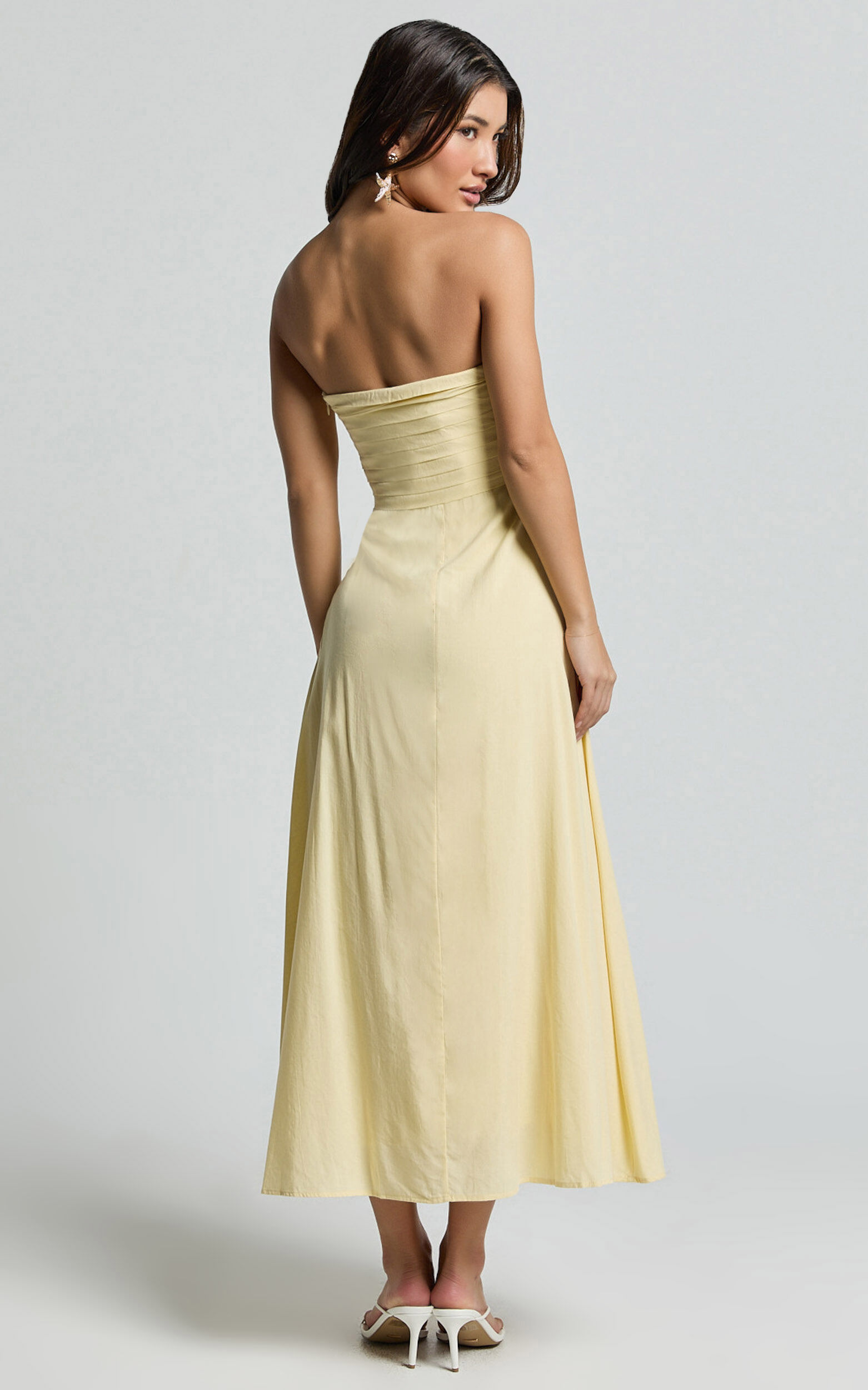 Barbra Midi Dress - Strapless Ruched Bodice Dress in Lemon