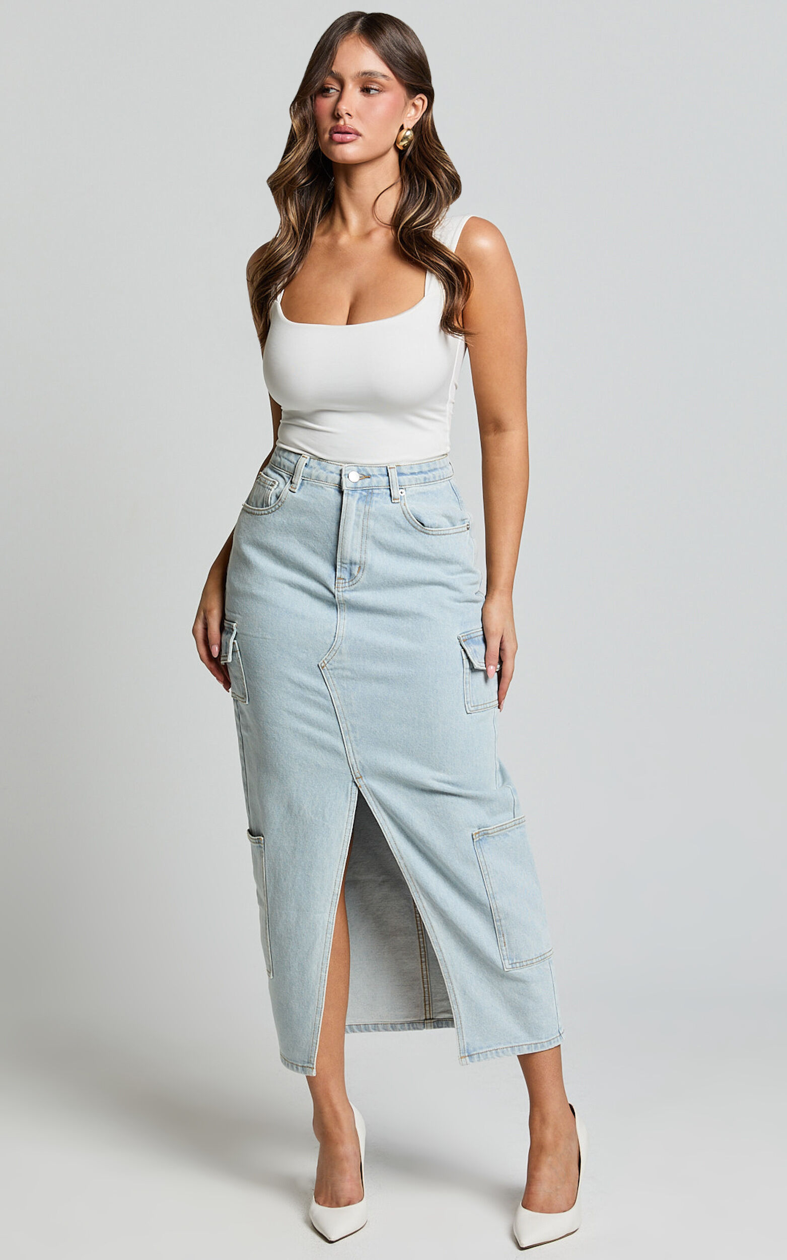 Sylvia Midi Skirt - Utility Pockets Denim Skirt in Light Blue Wash