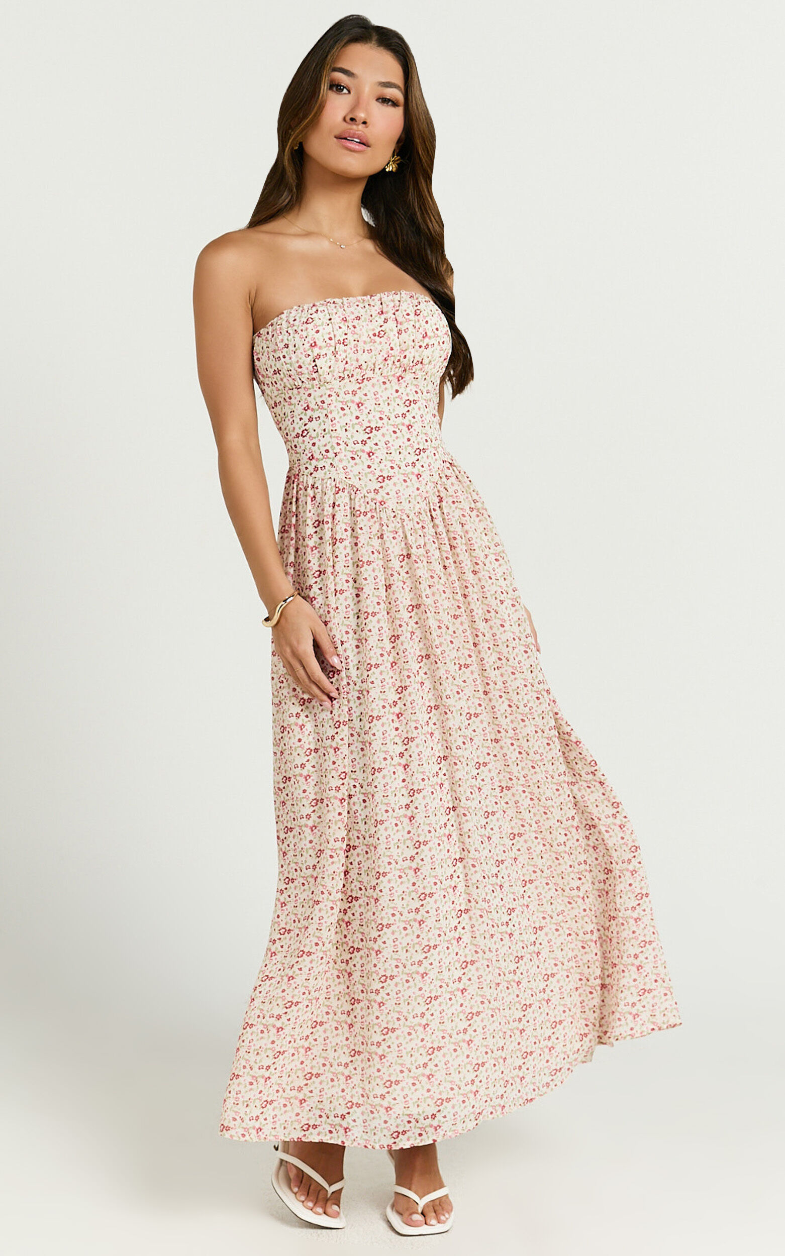 Amie Midi Dress - Strapless Full Skirt Midi Dress in Rosy Floral