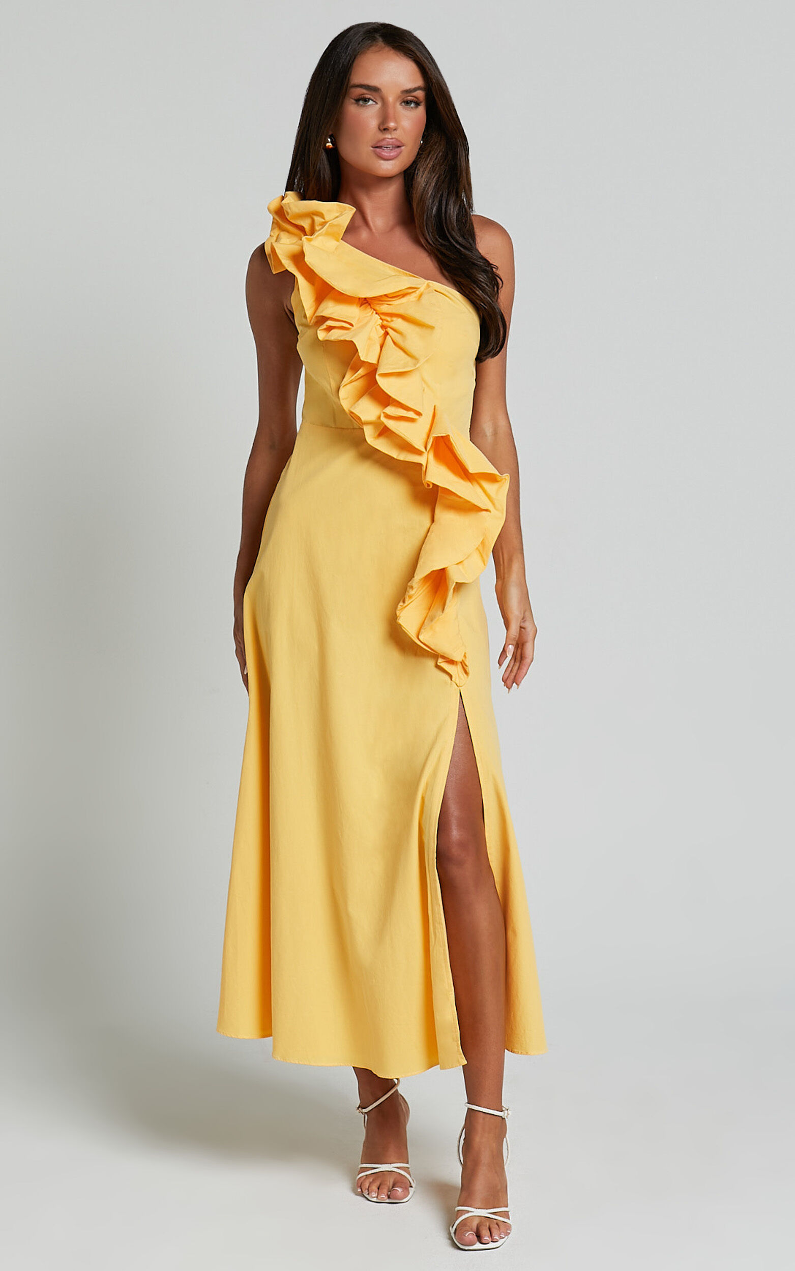 Rita Midi Dress - One Shoulder Ruffle Detail Dress in Yellow