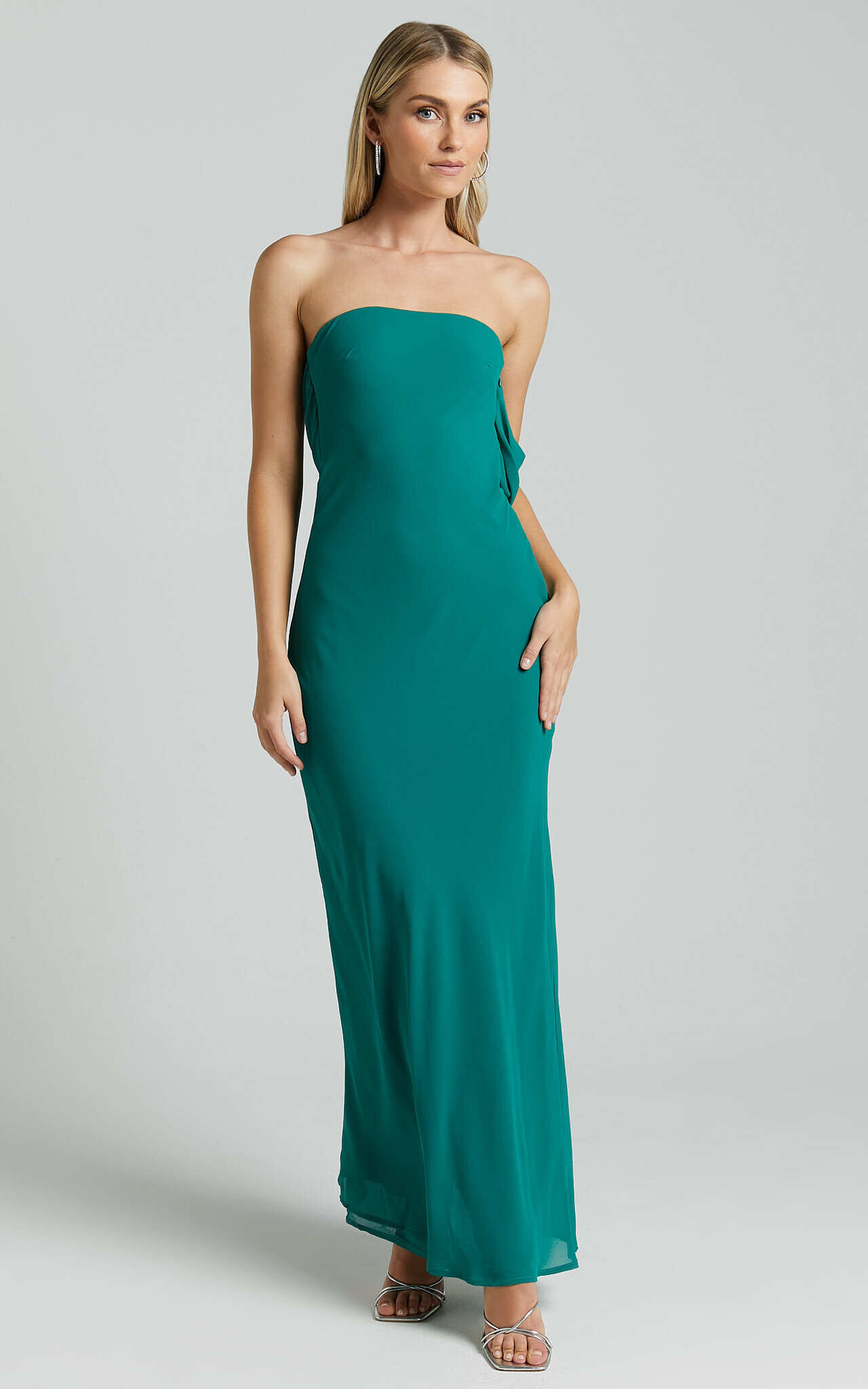Laurelle Maxi Dress - Strapless Straight Neck Tie Back Cowl Slip in Jade Green