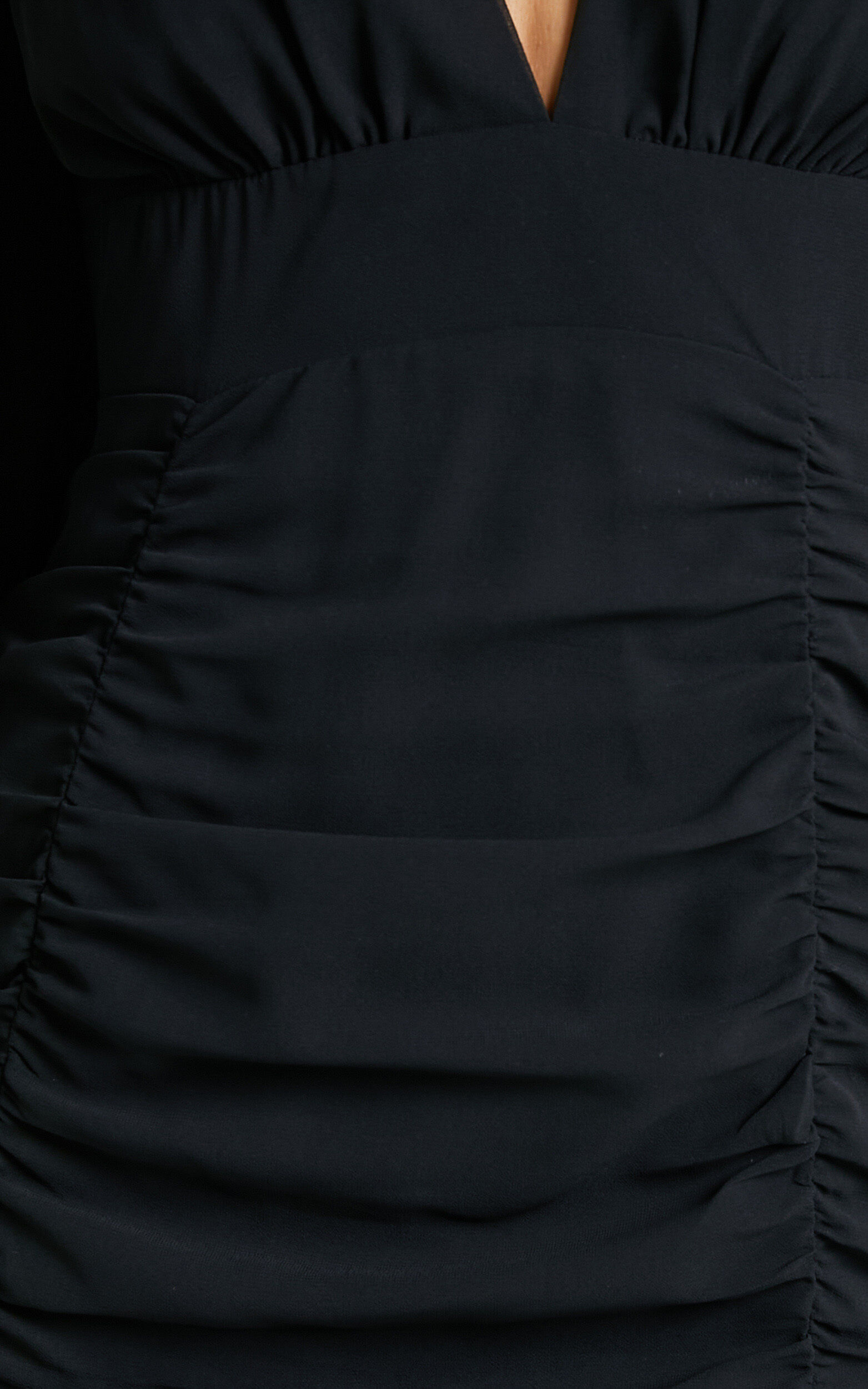 Hollis Mini Dress - Ruched Long Sleeve Plunge Neck Dress in Black