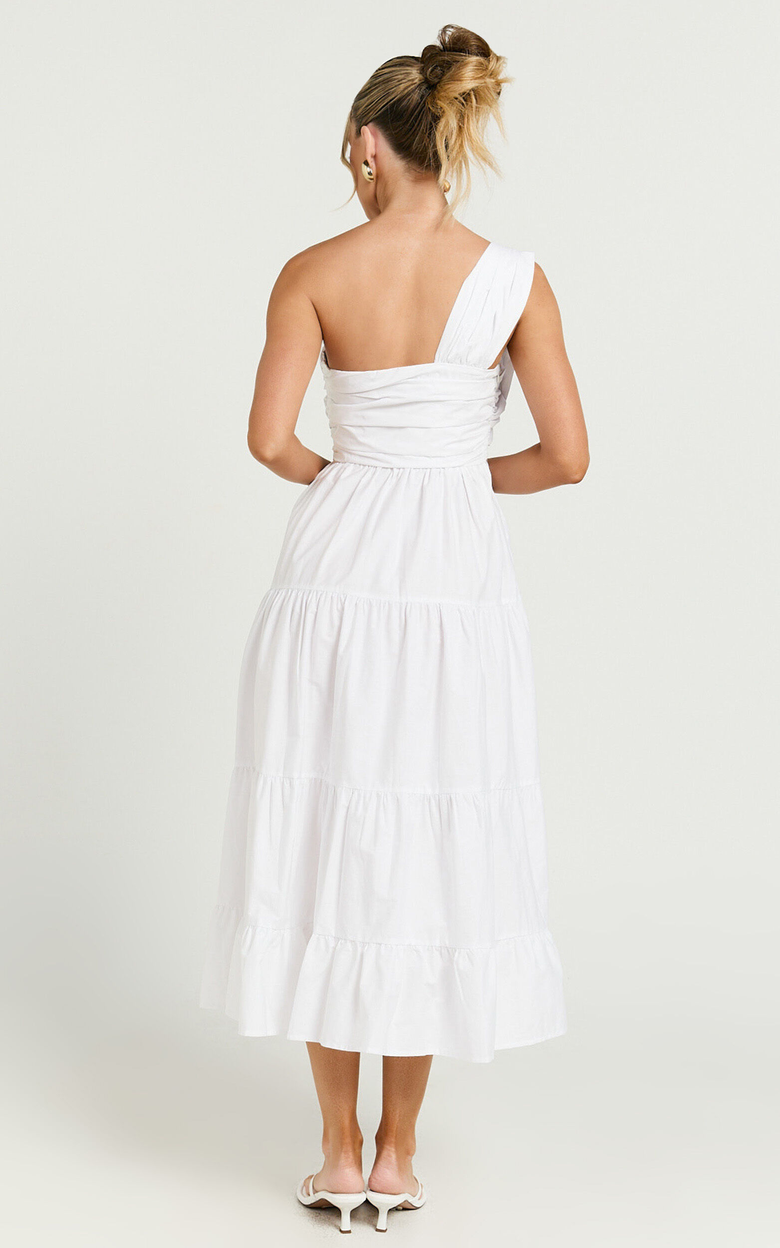 Stephanie Midi Dress - One Shoulder Tiered Midi Dress in White
