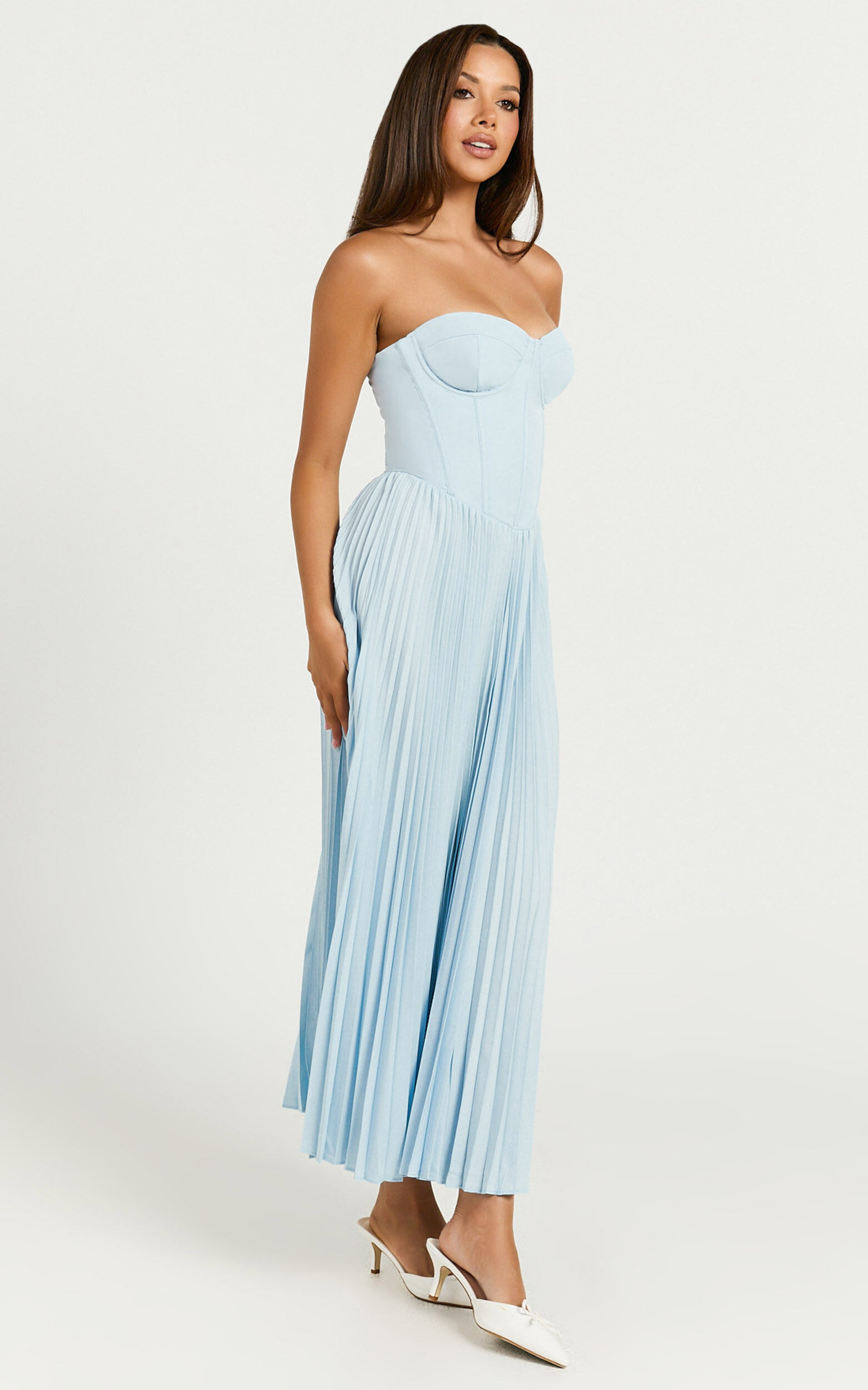 Loretta Midi Dress - Lace Up Back Bustier Pleated Dress in Light Blue