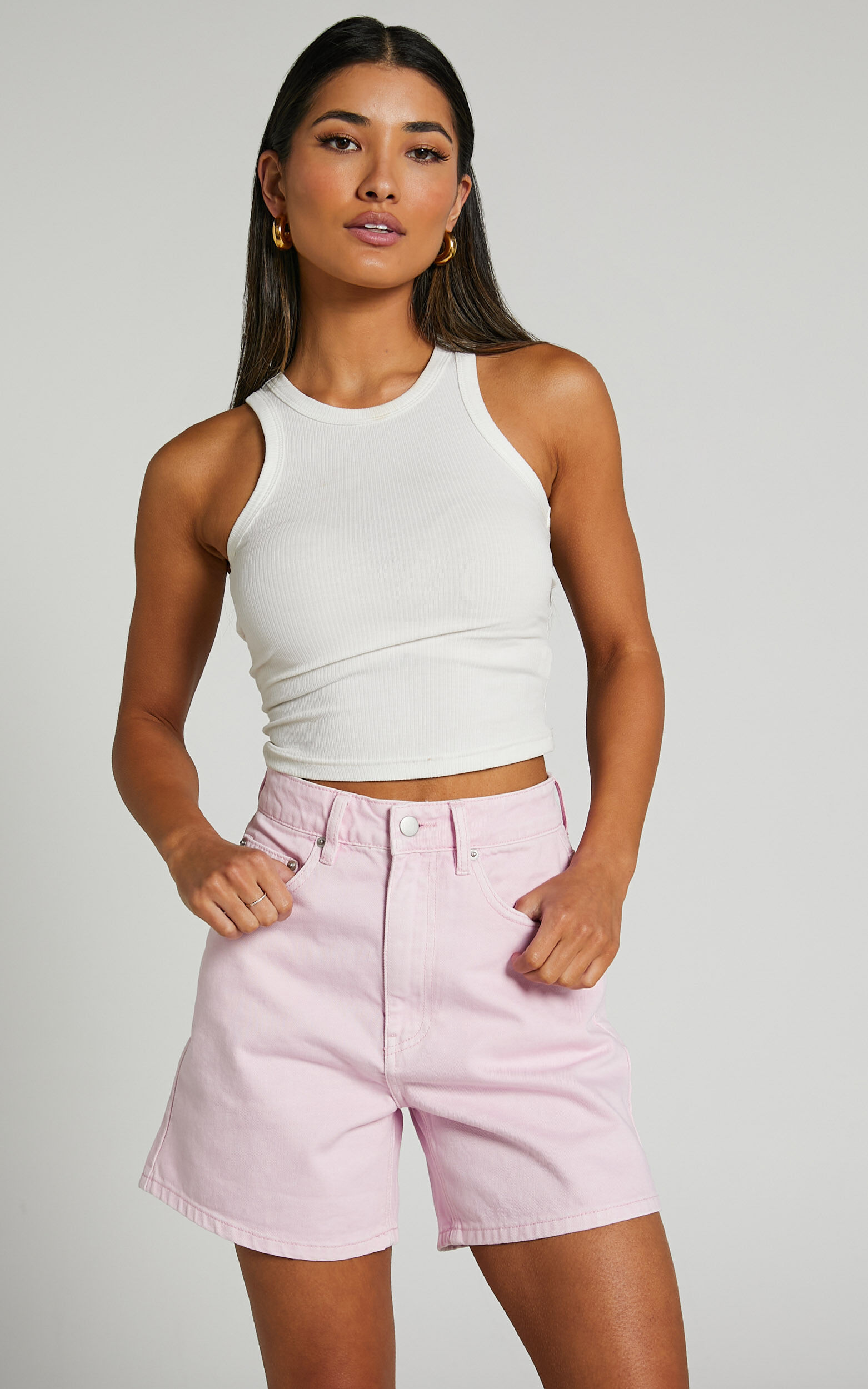 Ruffy Denim Shorts - Cotton Mom Fit Shorts in Pink