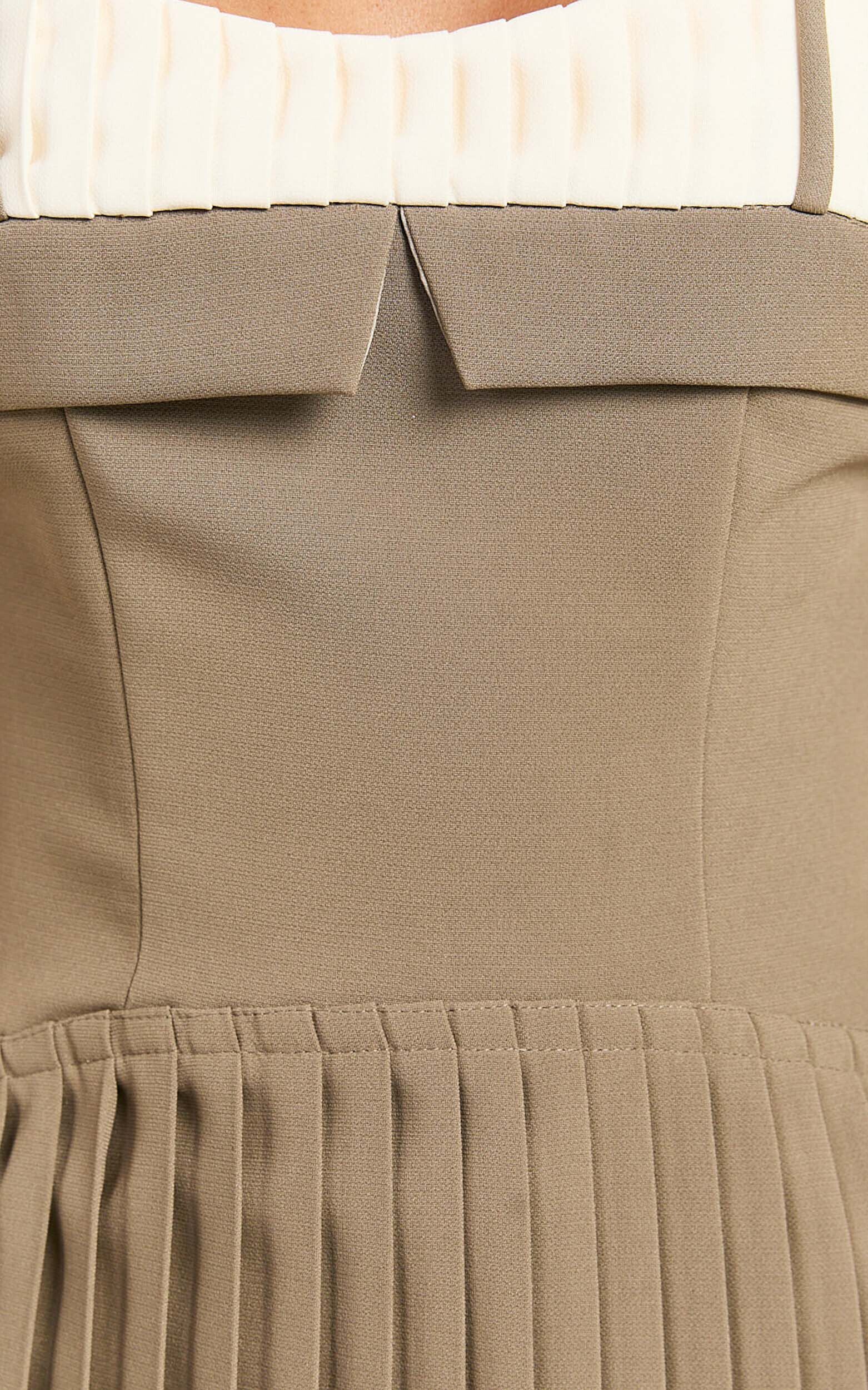 Aaron Mini Dress - Strappy Fit And Flare Pleat Skirt Dress in Light Brown