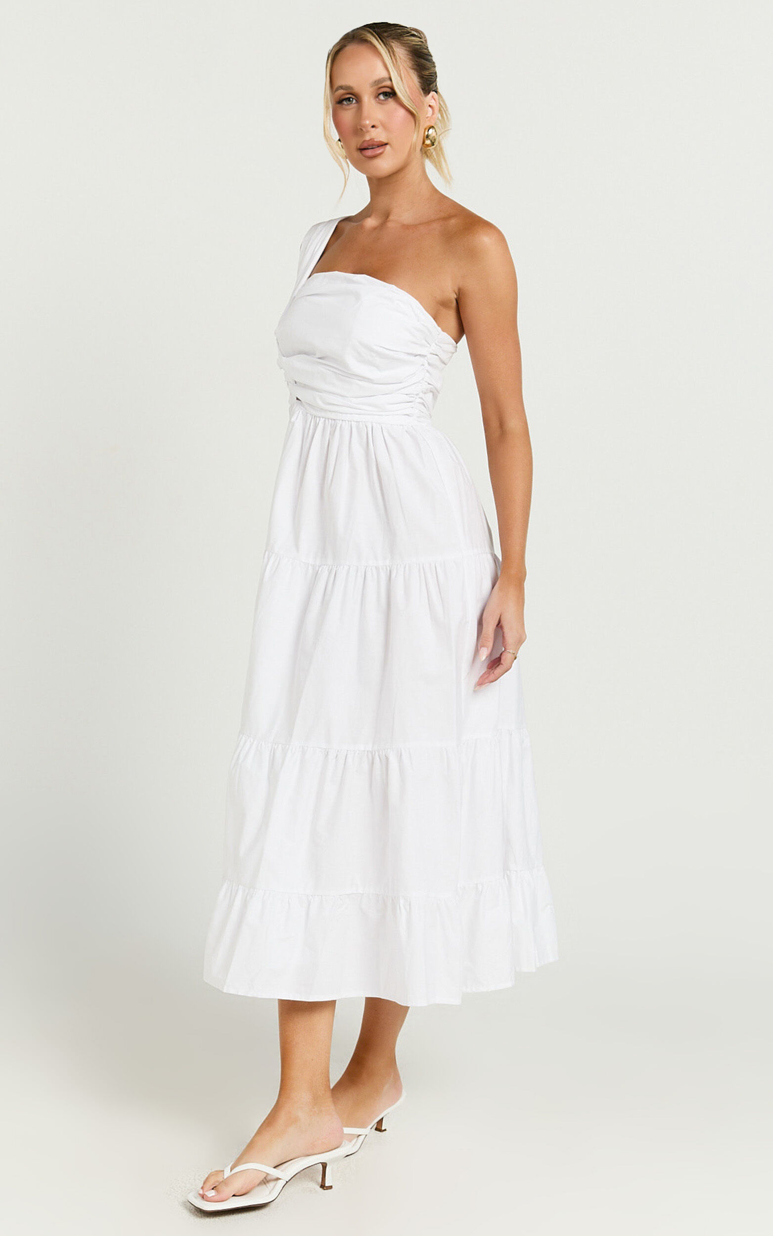 Stephanie Midi Dress - One Shoulder Tiered Midi Dress in White