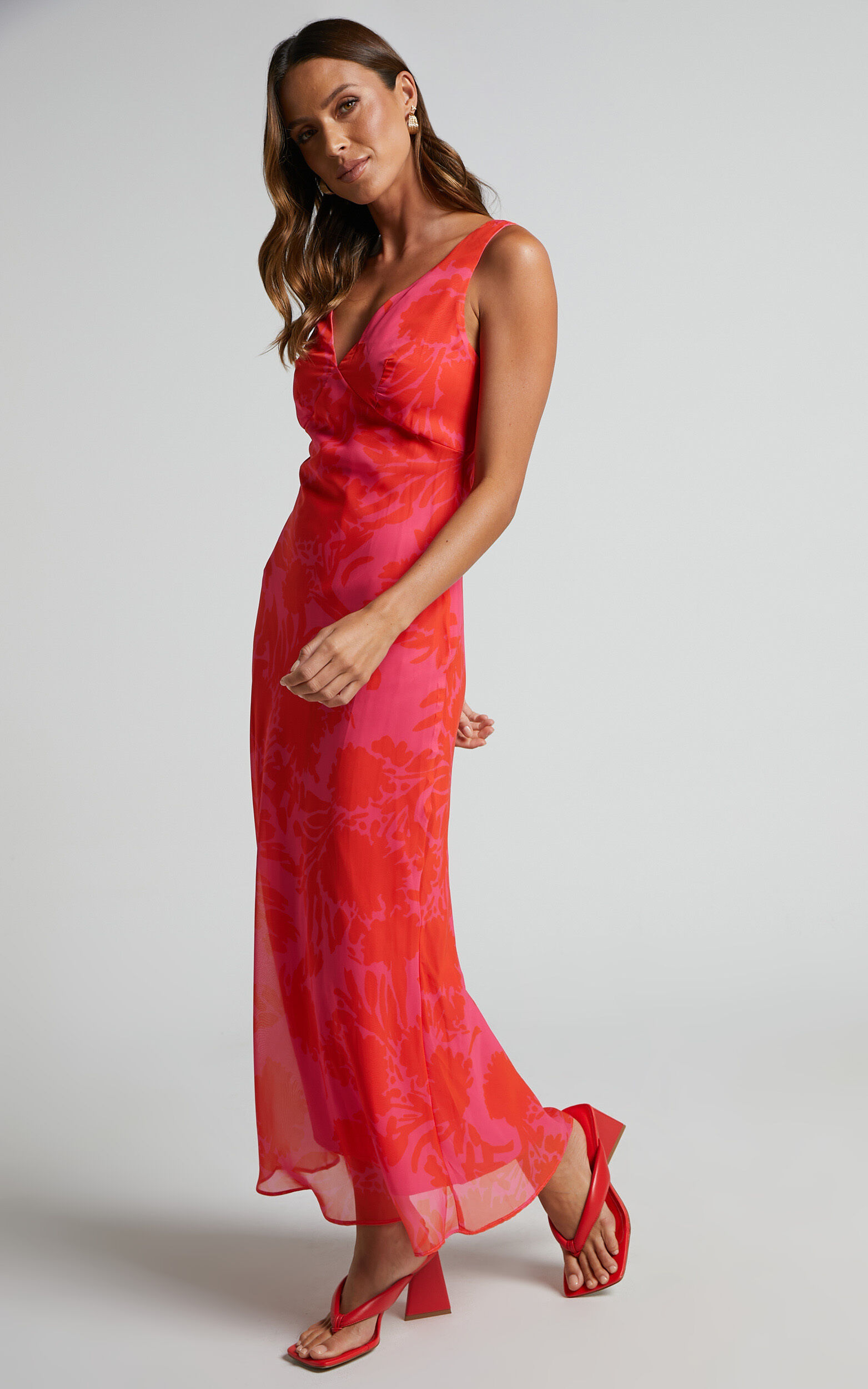 Jodie Midi Dress - V Neck Slip Dress in Pink Floral