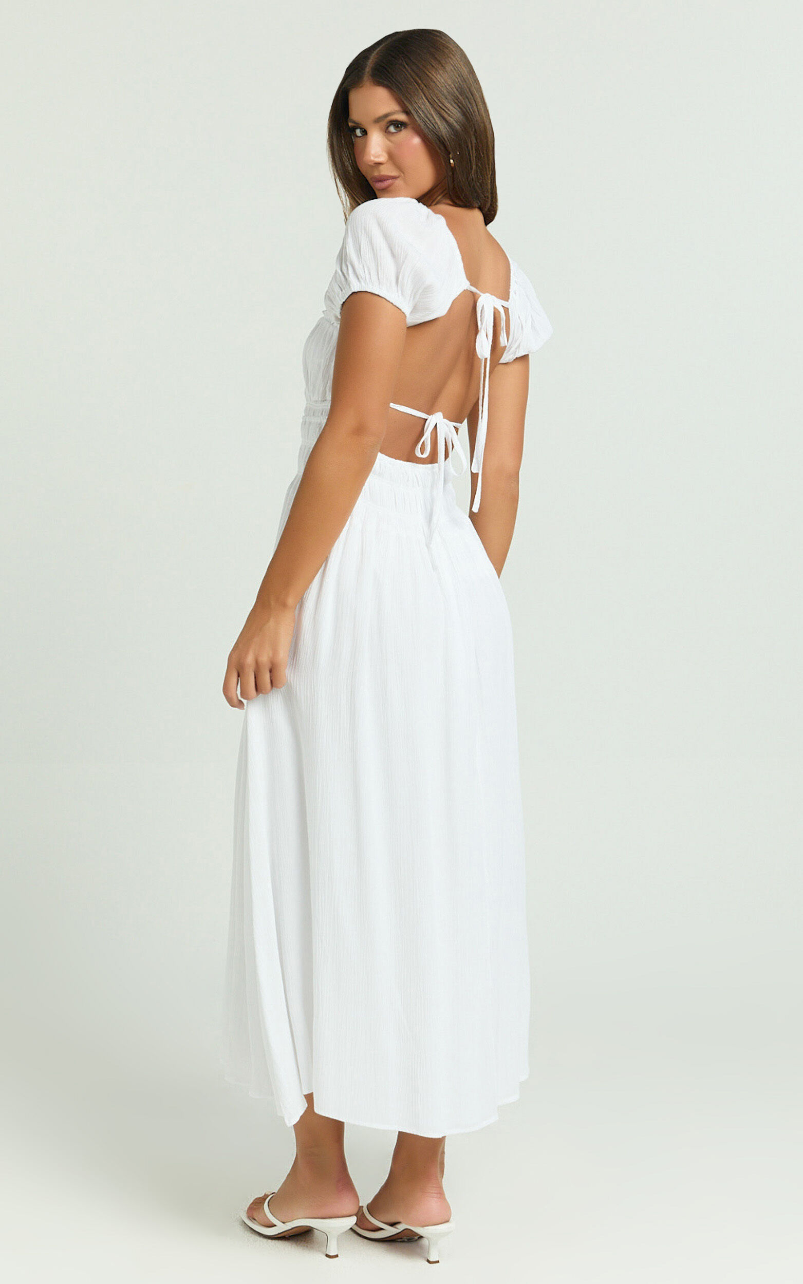 Nova Midi Dress - Open Back Ruched Dress in White
