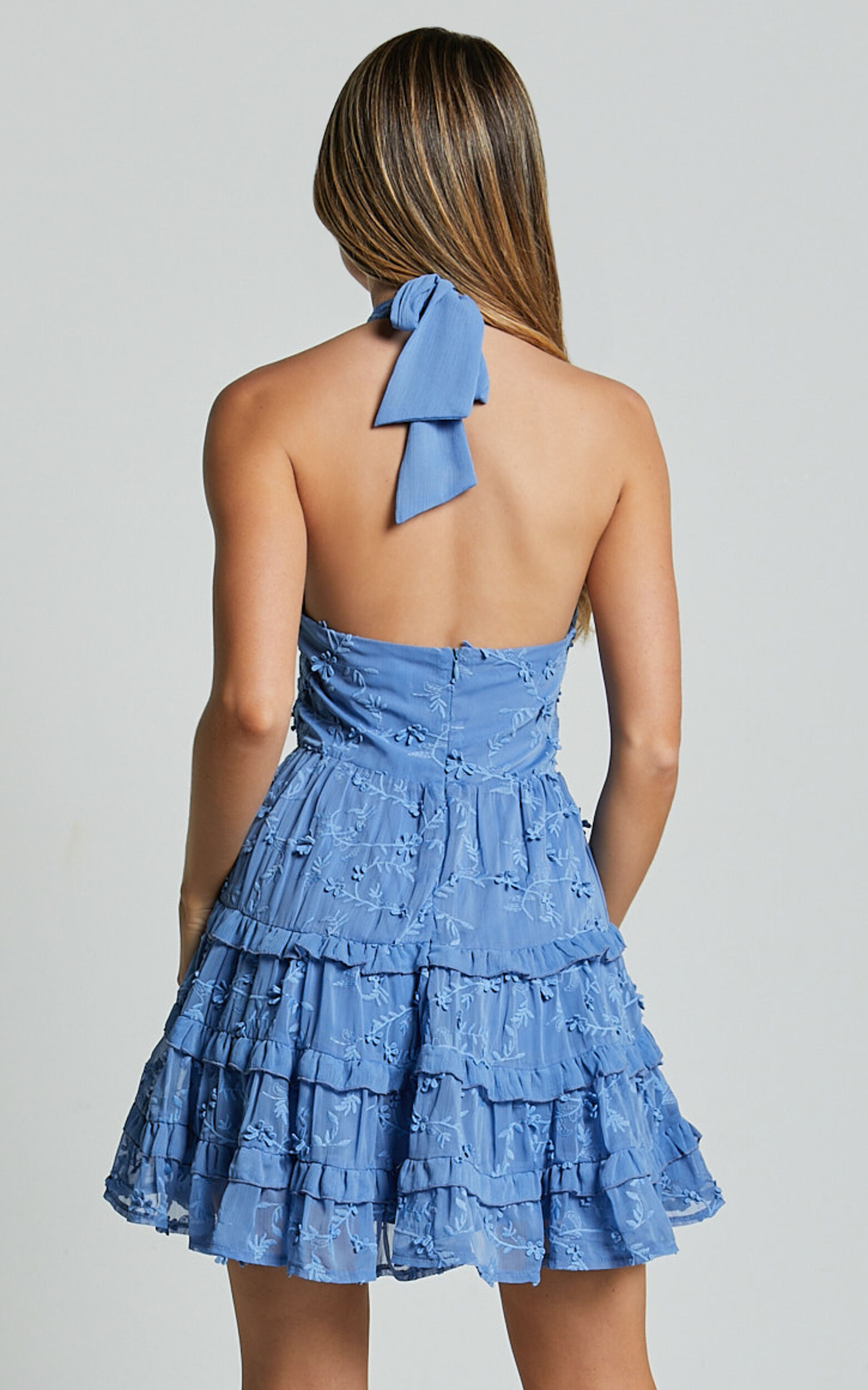 Frankie Mini Dress - Halter Neck Tiered Dress in Cornflower Blue