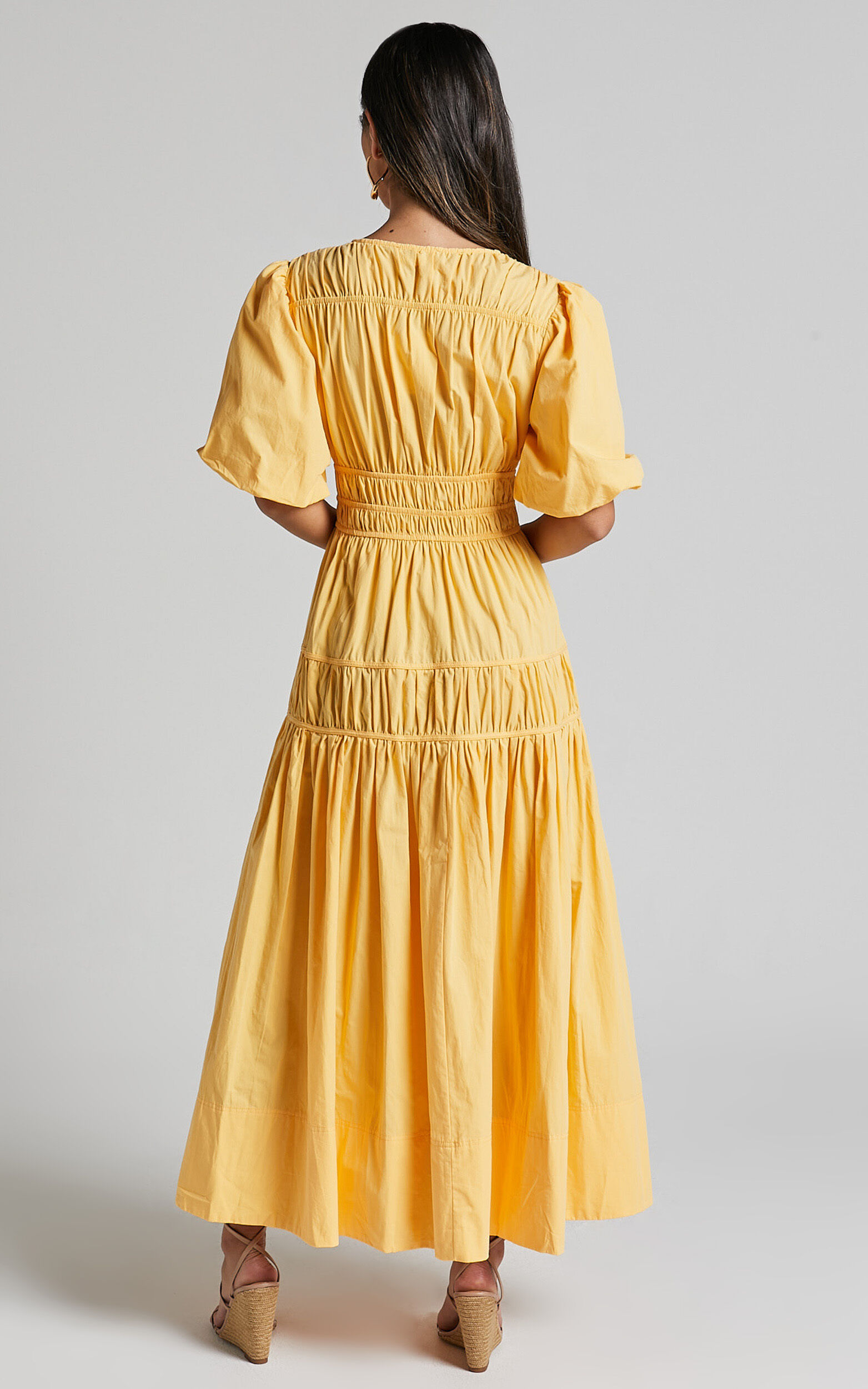 Mellie Midi Dress - Puff Sleeve Plunge Tiered Dress in Pineapple