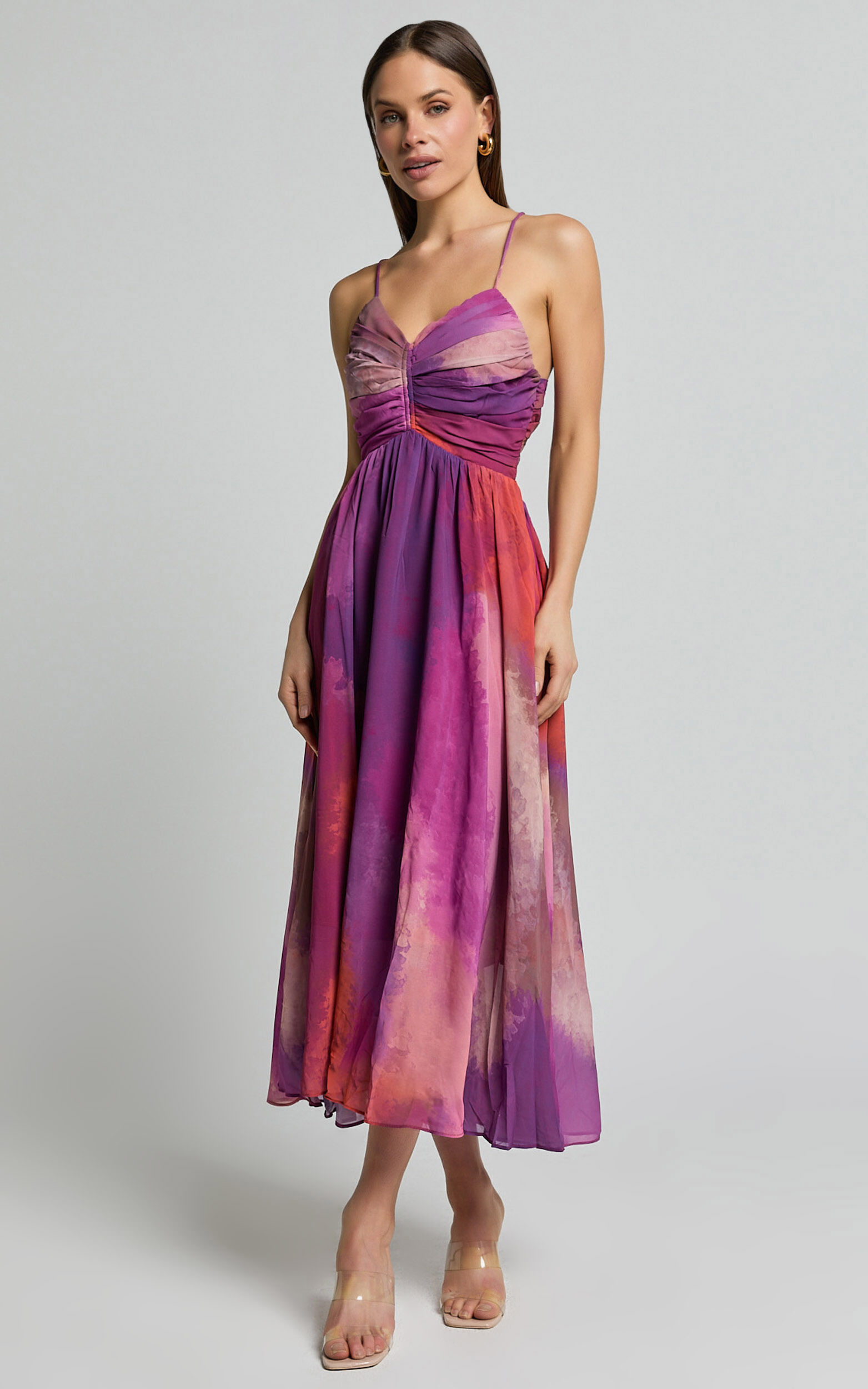 Josephine Midi Dress - Recycled Polyester Strappy Cross Tie Back Dress in Coral Mirage Print