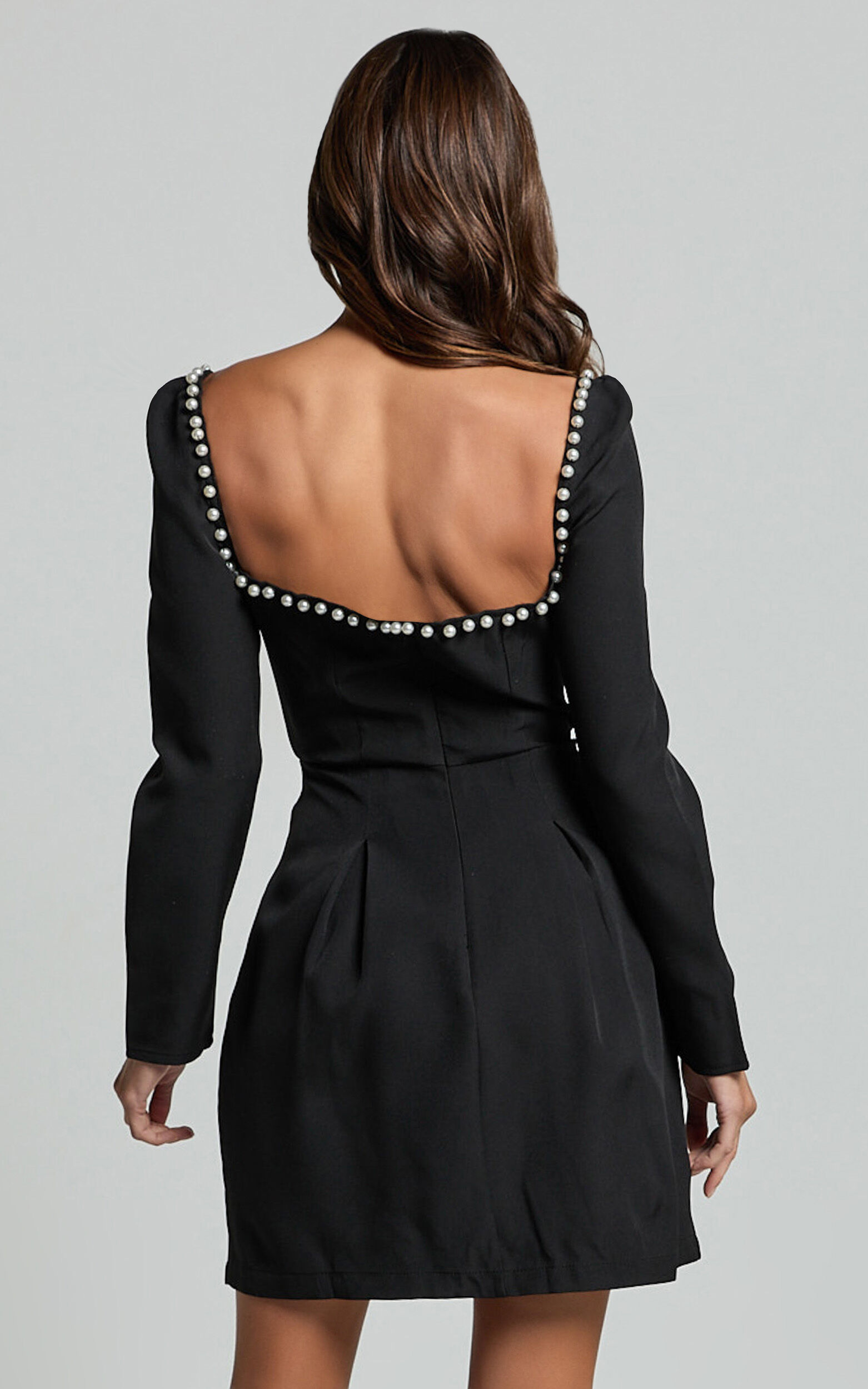 Edelyn Mini Dress - Square Neck Long Sleeve A Line Dress in Black