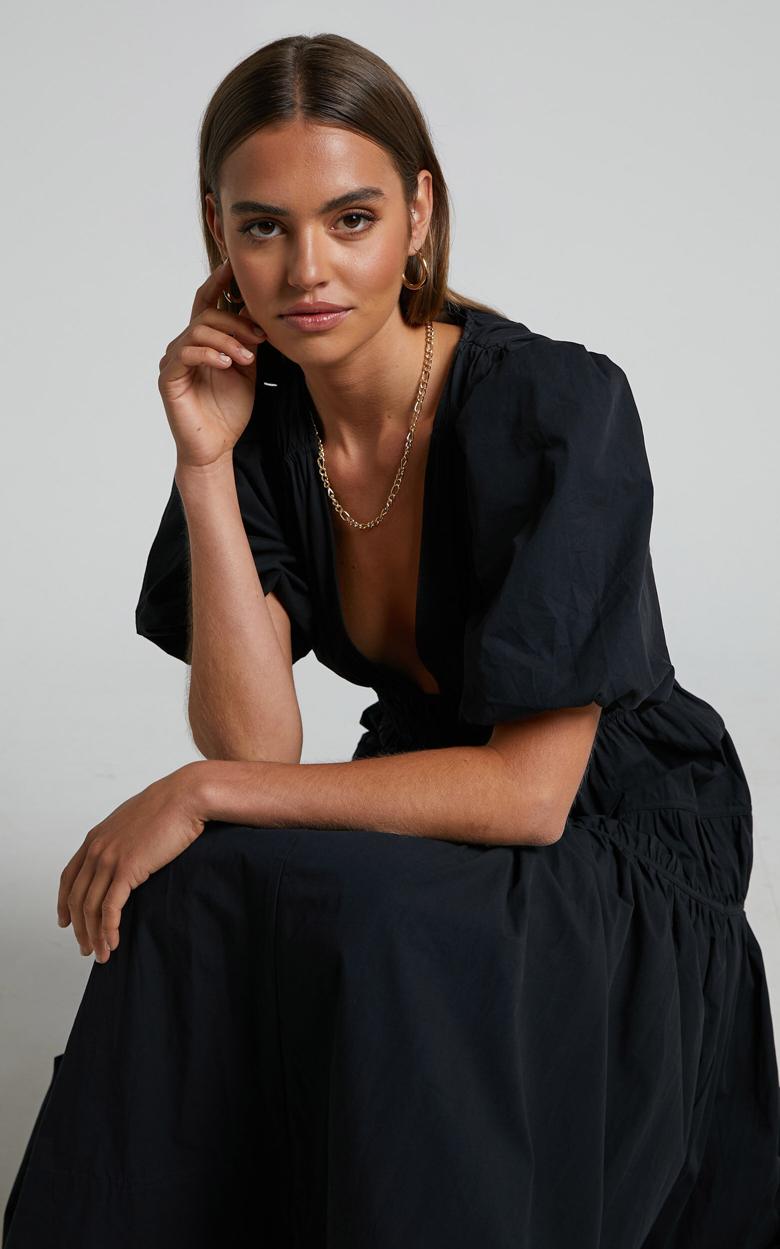 Mellie Midi Dress - Puff Sleeve Plunge Tiered Dress in Black