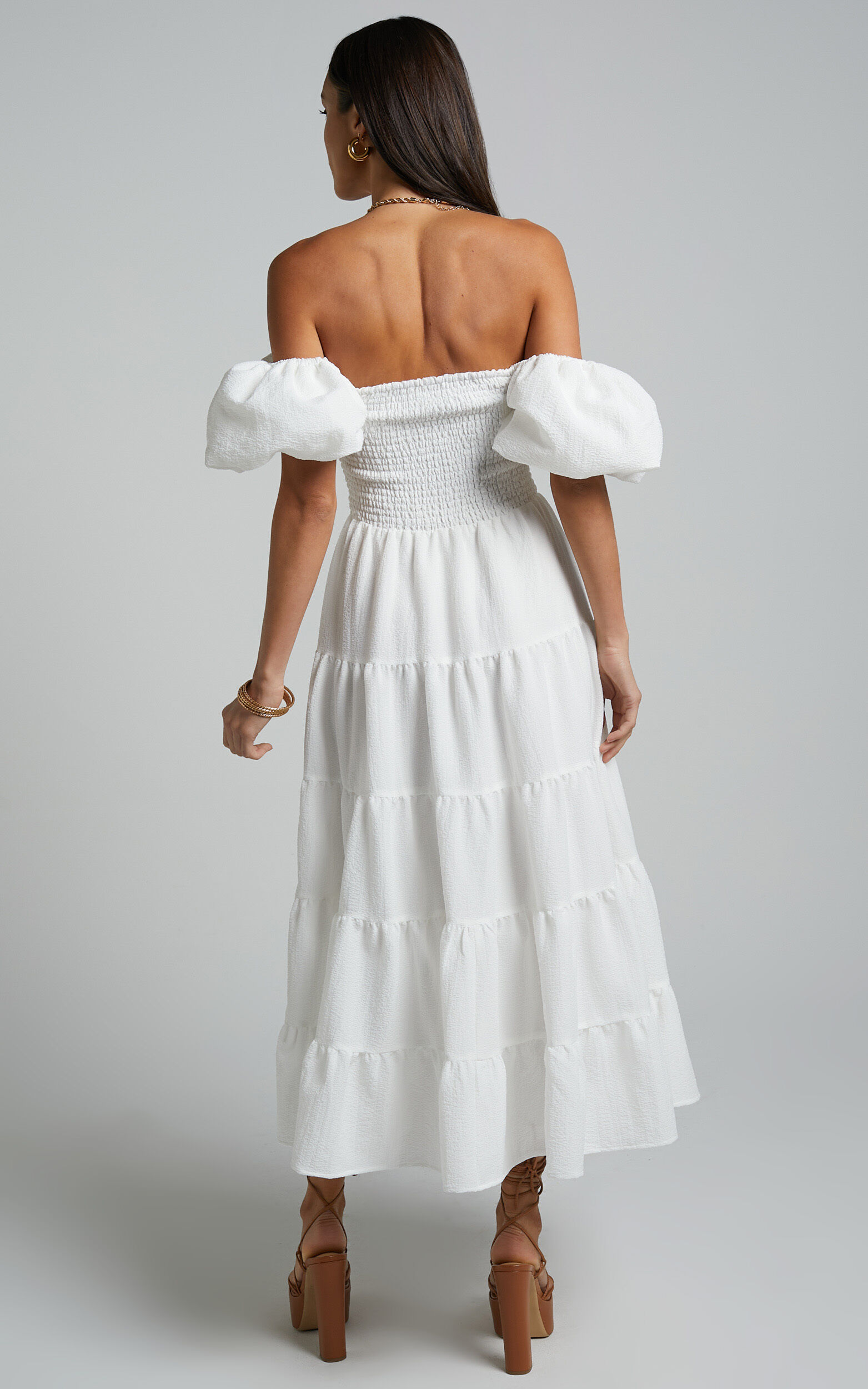 Maxima Midi Dress - Puff Sleeve Shirred Bodice Tiered Dress in White