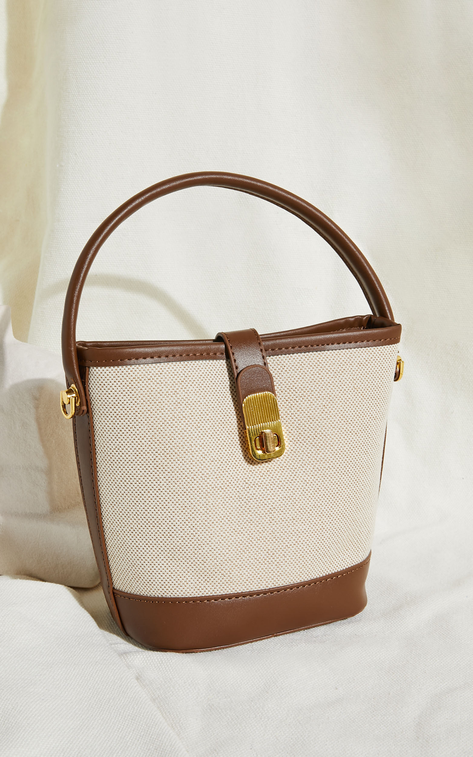 Mumbai Bag - Canvas & PU Bucket Mini Tote Bag in Tan/Natural
