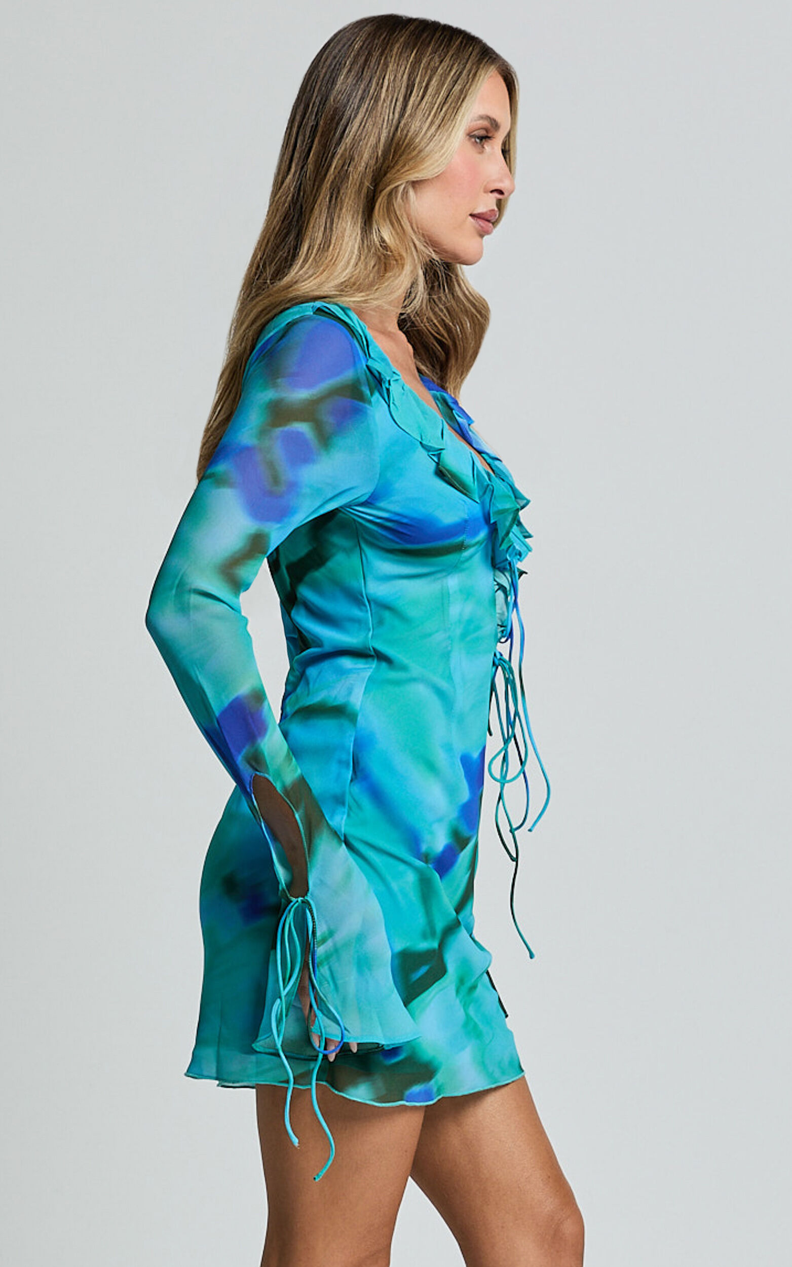 Alesya Mini Dress - Ruffle Plunge Neck Long Sleeve Tie Detail Dress in Blue Floral Print