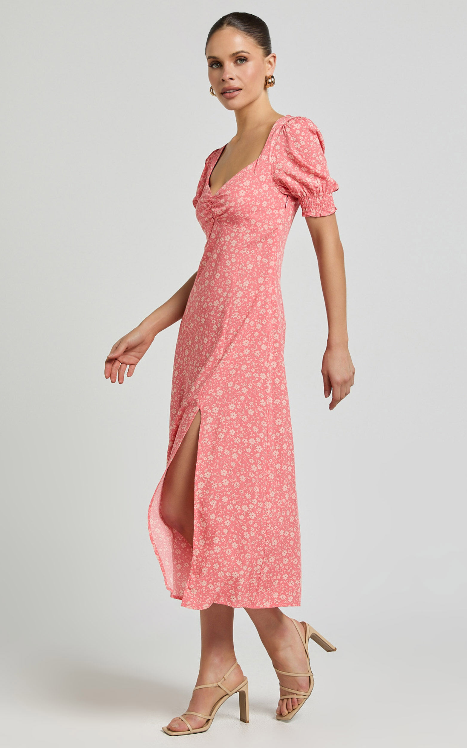 Marcel Midi Dress - Sweetheart Puff Sleeve Thigh Split Dress in Coral