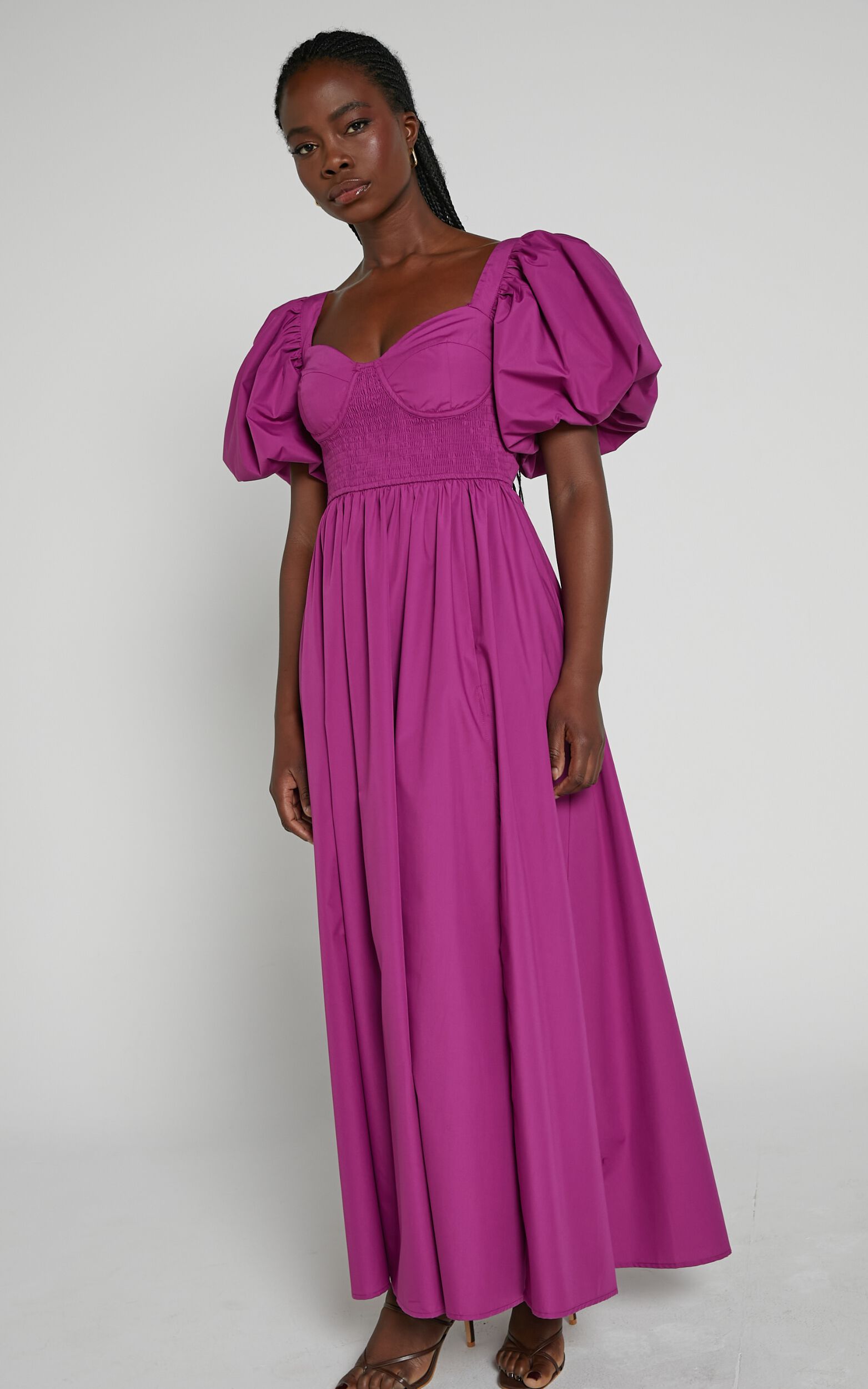 Raiza Midi Dress - Shirred Waist Puff Sleeve Dress in Orchid
