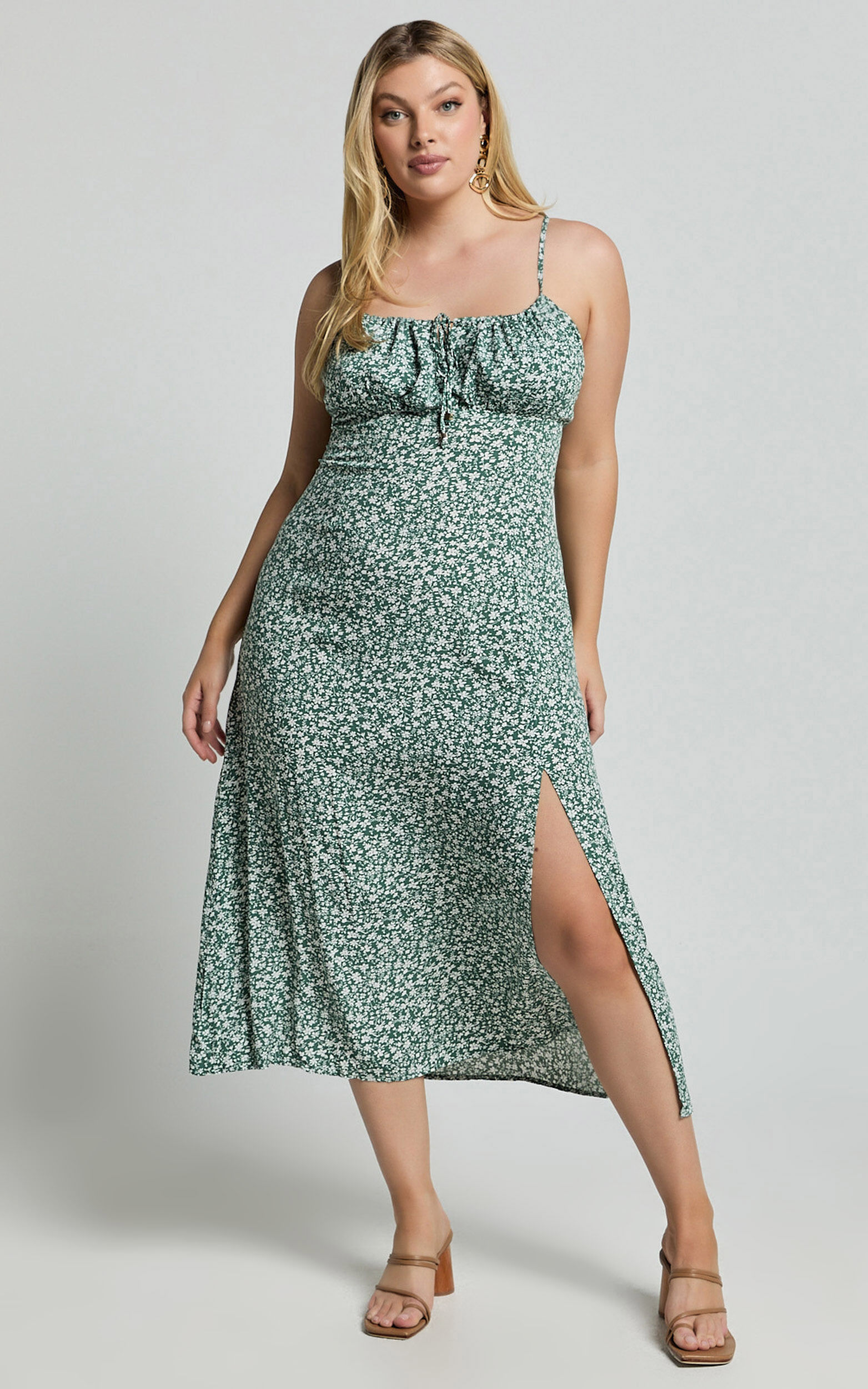 Willa Midi Dress - Ruched Bust Thigh Split Dress in Olive Floral