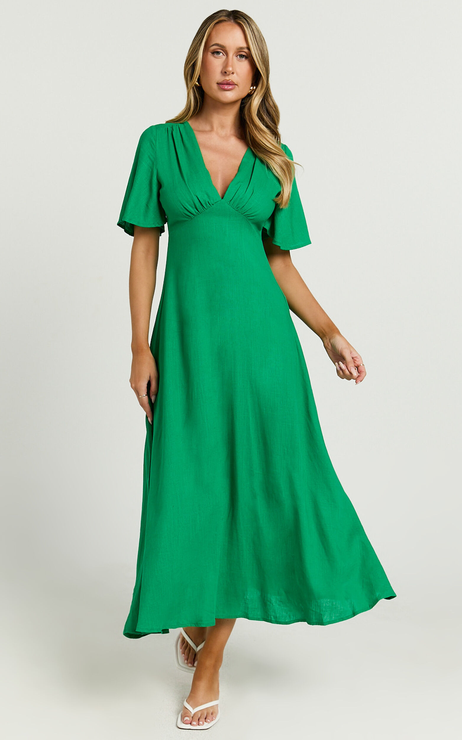 Dakota Midi Dress - Linen Flutter Sleeve A Line Dress in Green