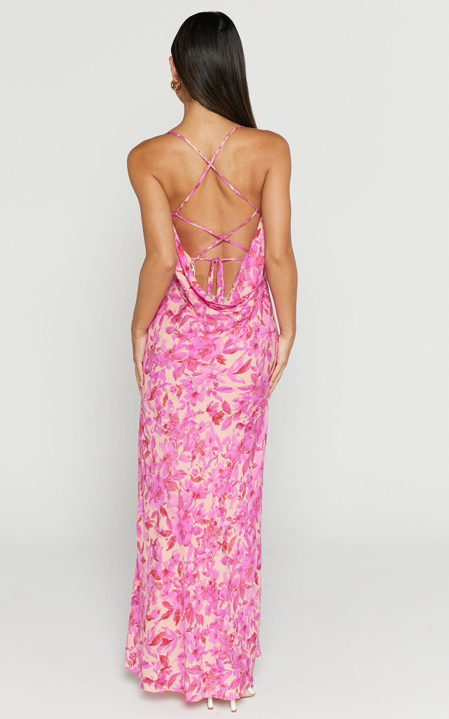 Manuella Maxi Dress - Cowl Neck Slit Slip Dress in Pink