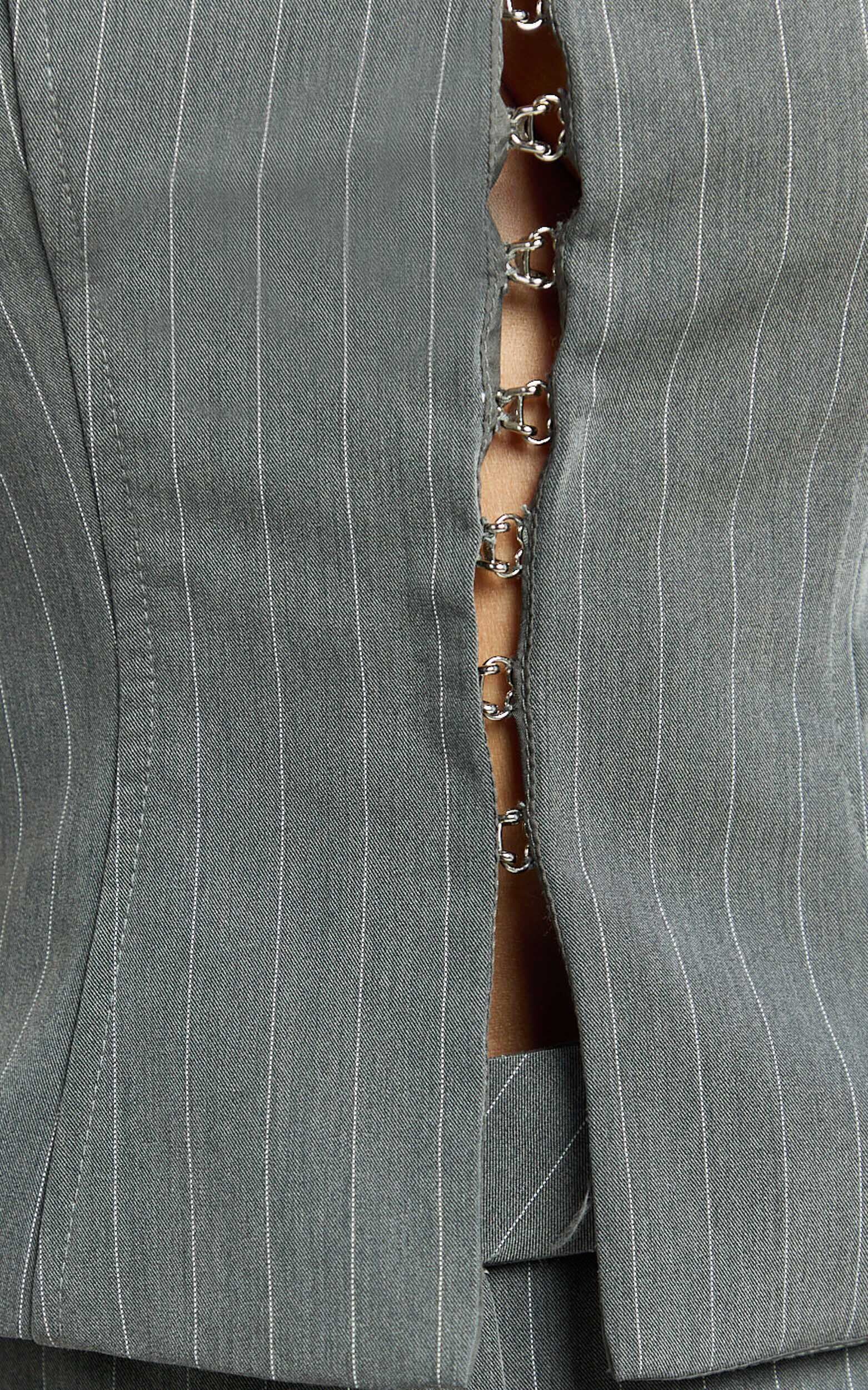 Fiona Top - Pinstripe Scoop Neck Hook And Eye Front Top in Dark Grey