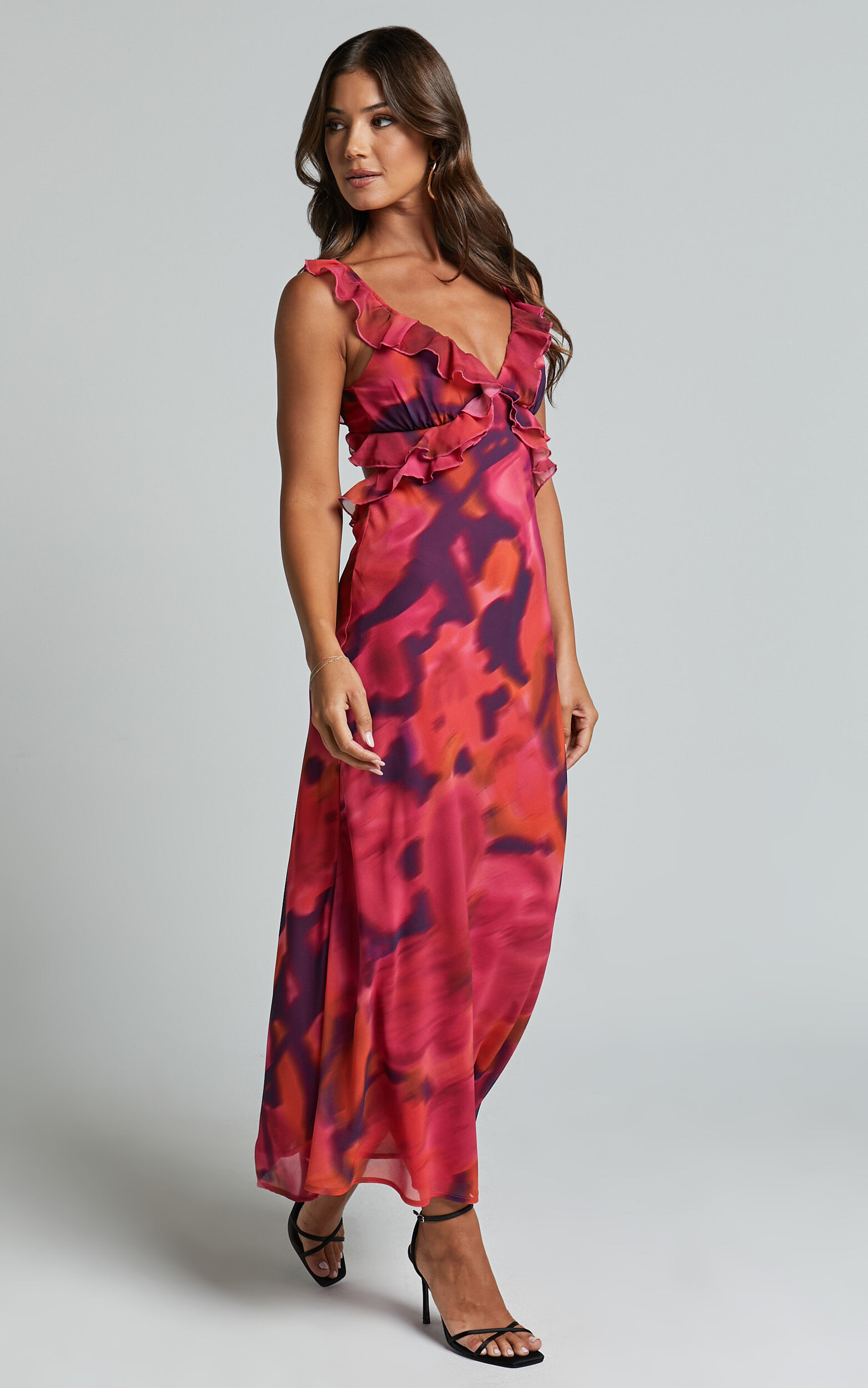Alessa Maxi Dress - V Neck Frill Detail Empire Waist Back Cut Out Dress in Adeana Print